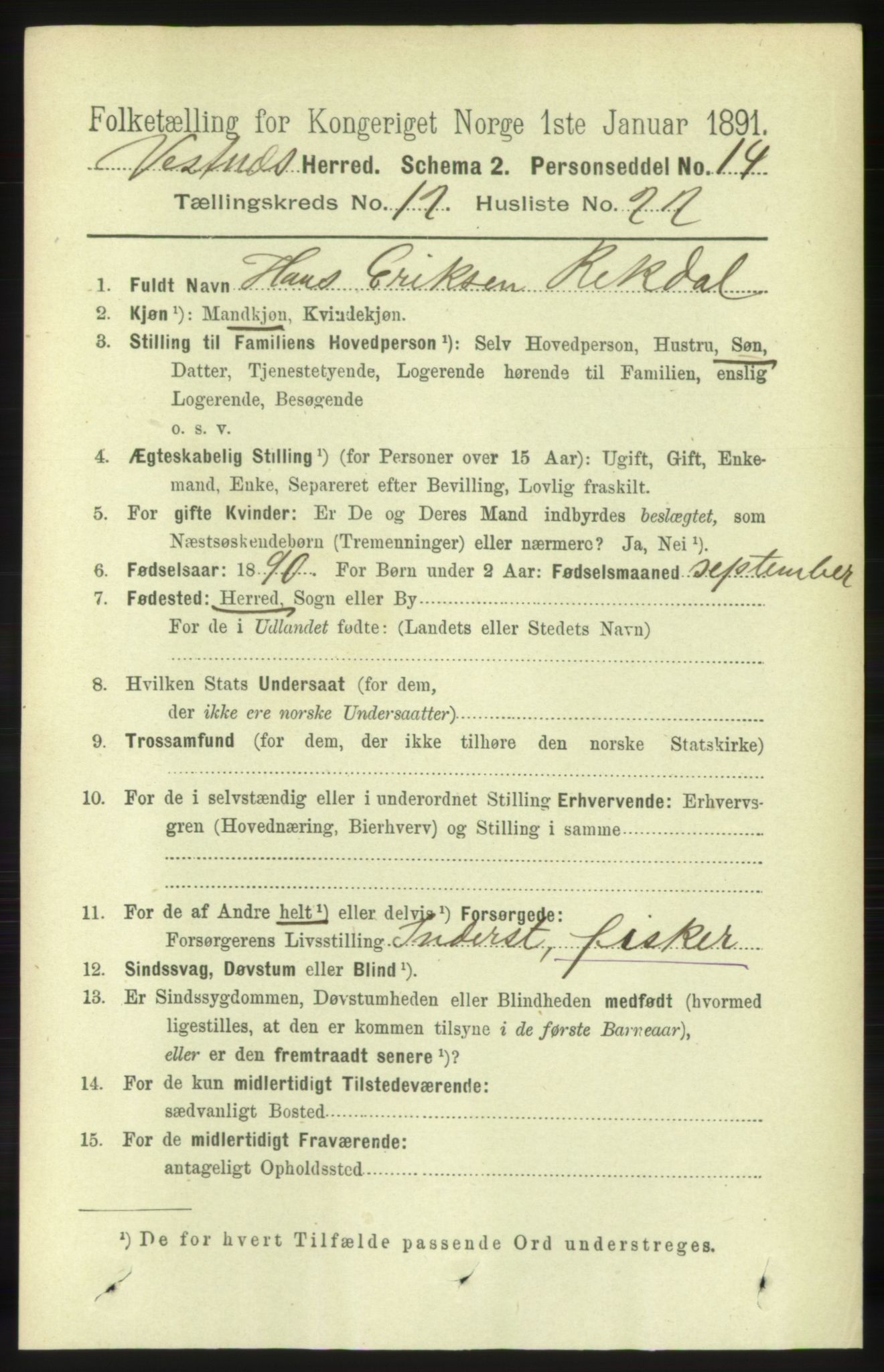 RA, 1891 census for 1535 Vestnes, 1891, p. 4532