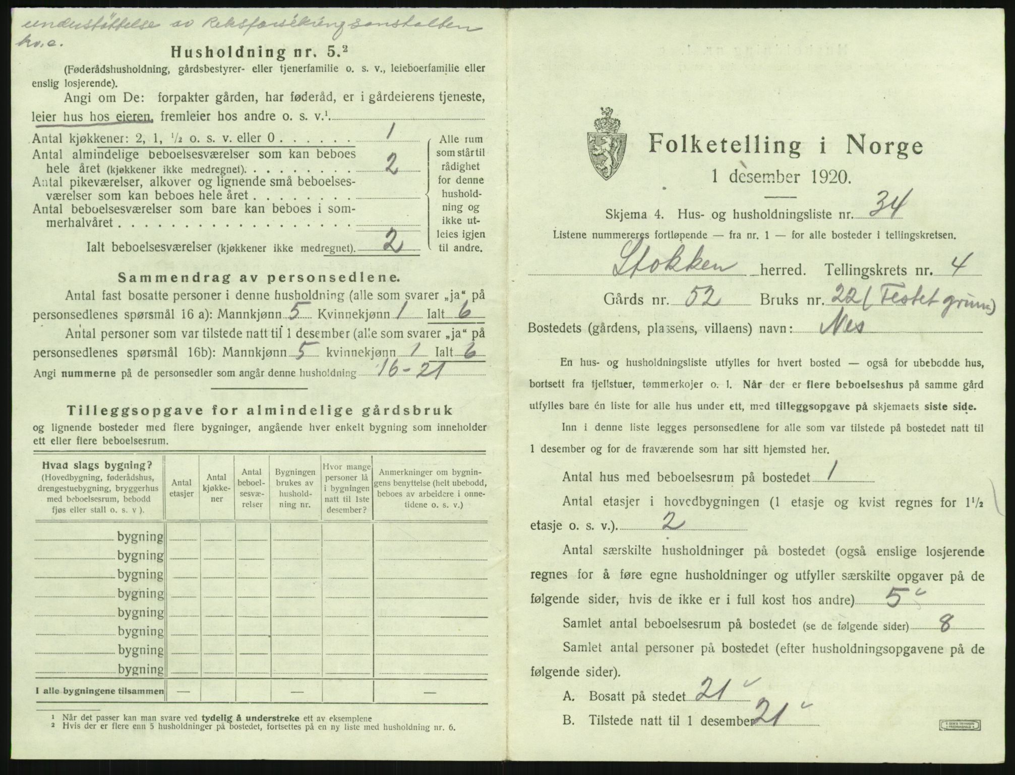 SAK, 1920 census for Stokken, 1920, p. 444