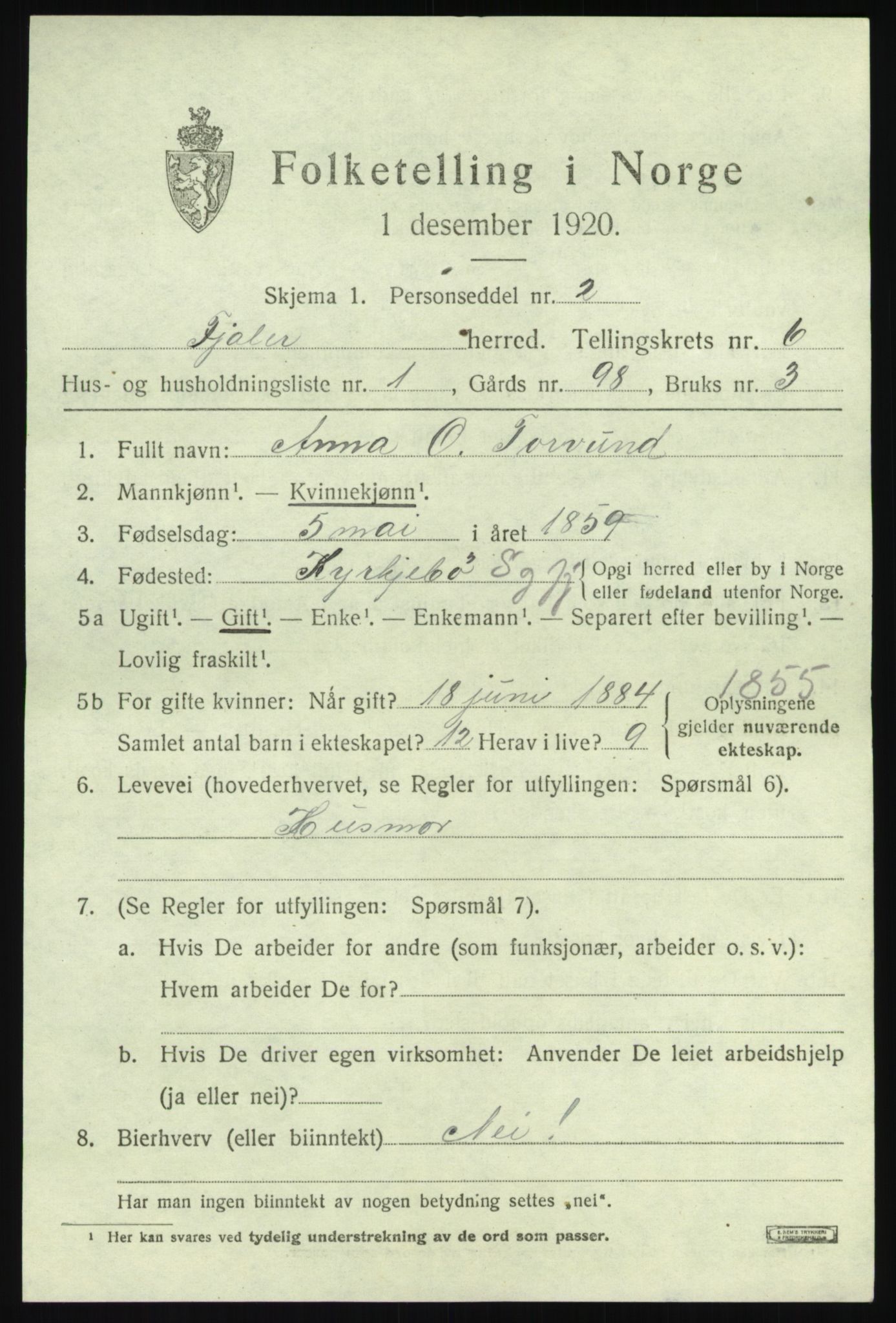 SAB, 1920 census for Fjaler, 1920, p. 3771