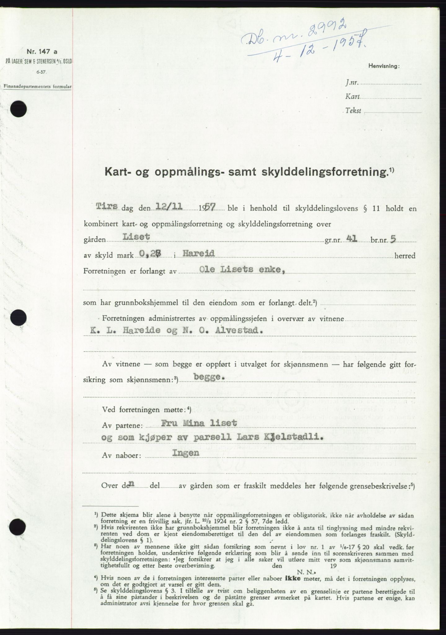 Søre Sunnmøre sorenskriveri, AV/SAT-A-4122/1/2/2C/L0108: Mortgage book no. 34A, 1957-1958, Diary no: : 2992/1957