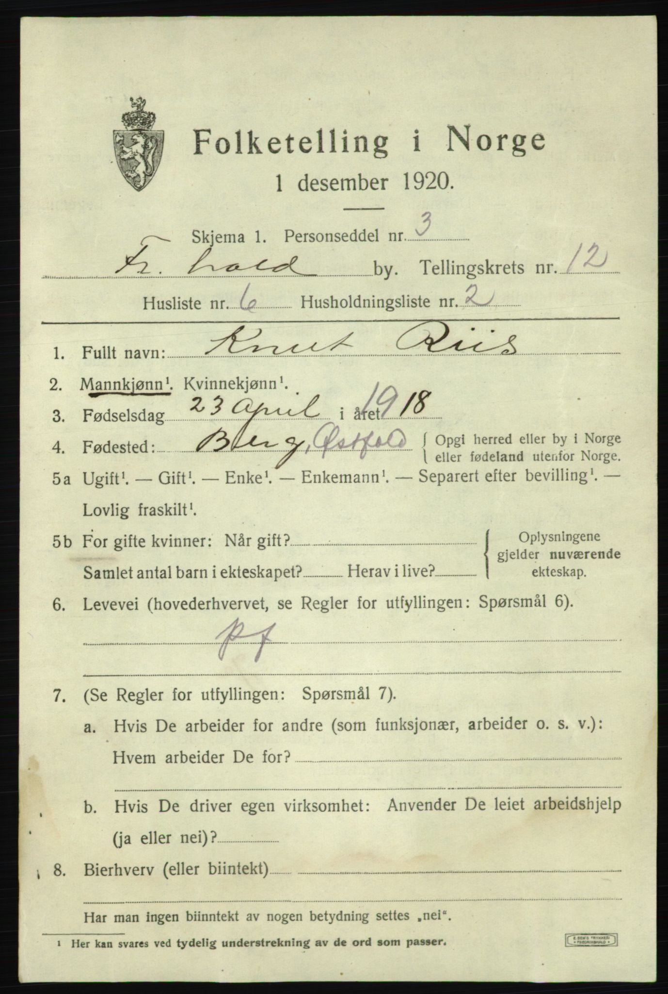 SAO, 1920 census for Fredrikshald, 1920, p. 20025