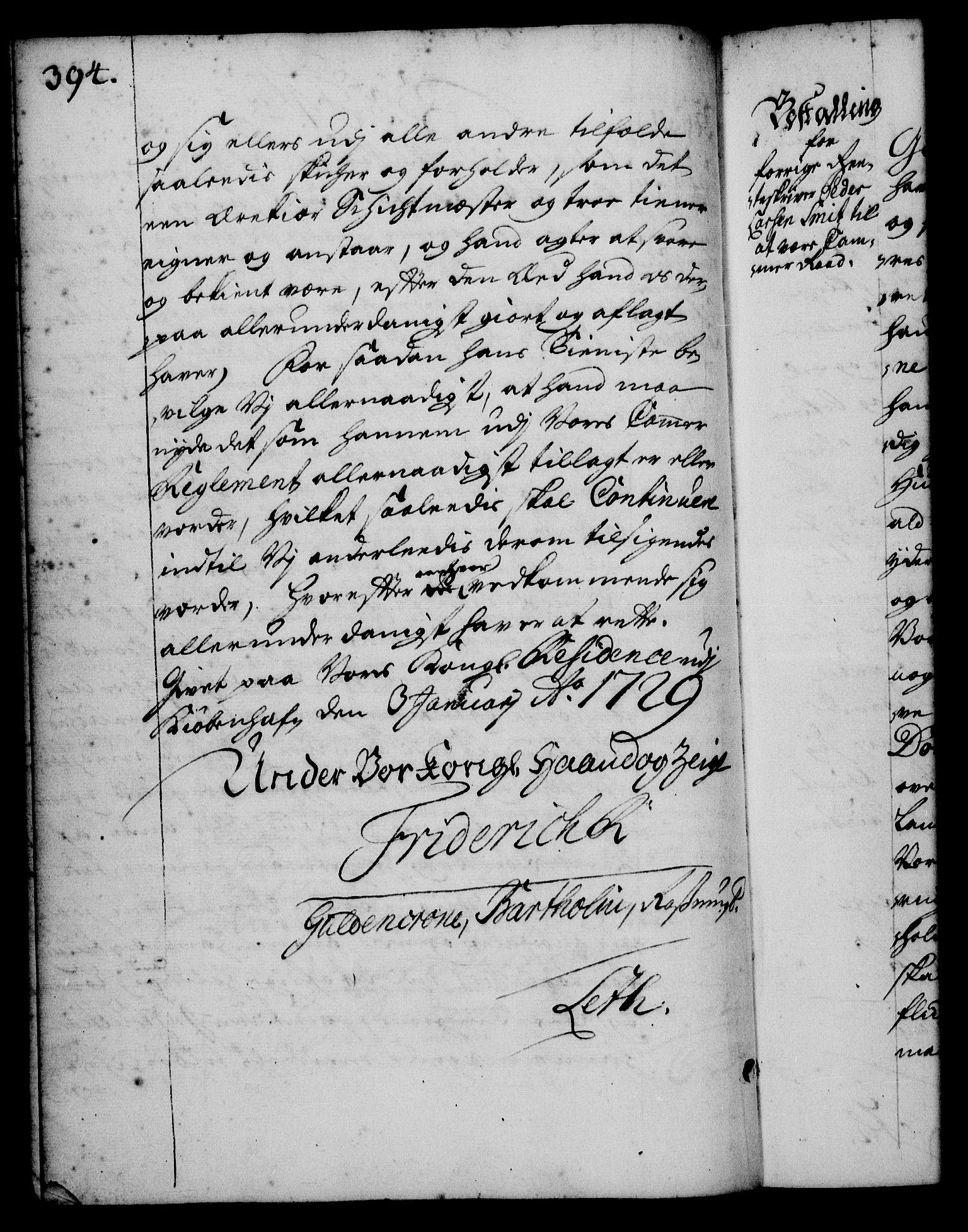 Rentekammeret, Kammerkanselliet, RA/EA-3111/G/Gg/Gge/L0001: Norsk bestallingsprotokoll med register (merket RK 53.25), 1720-1730, p. 394