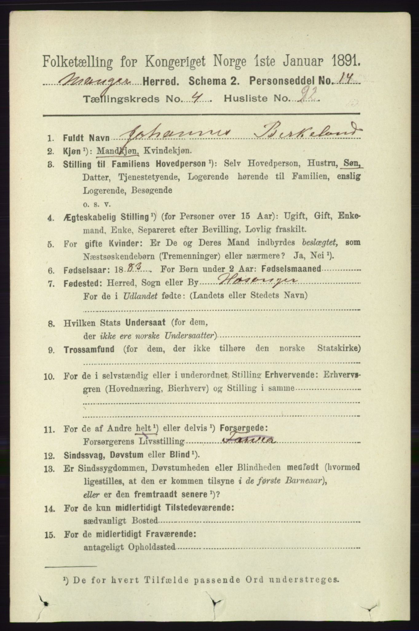 RA, 1891 census for 1261 Manger, 1891, p. 2535