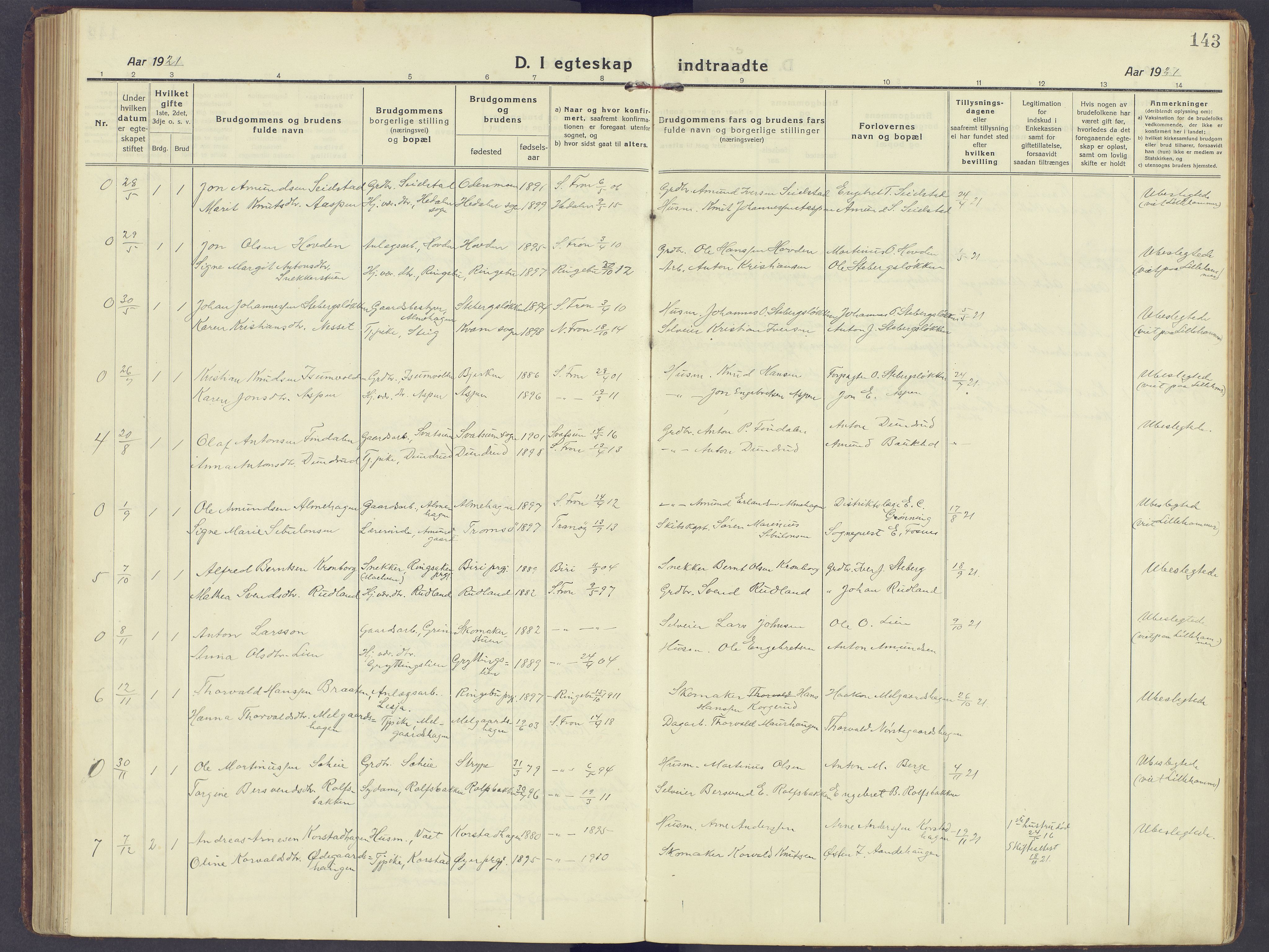 Sør-Fron prestekontor, SAH/PREST-010/H/Ha/Haa/L0005: Parish register (official) no. 5, 1920-1933, p. 143