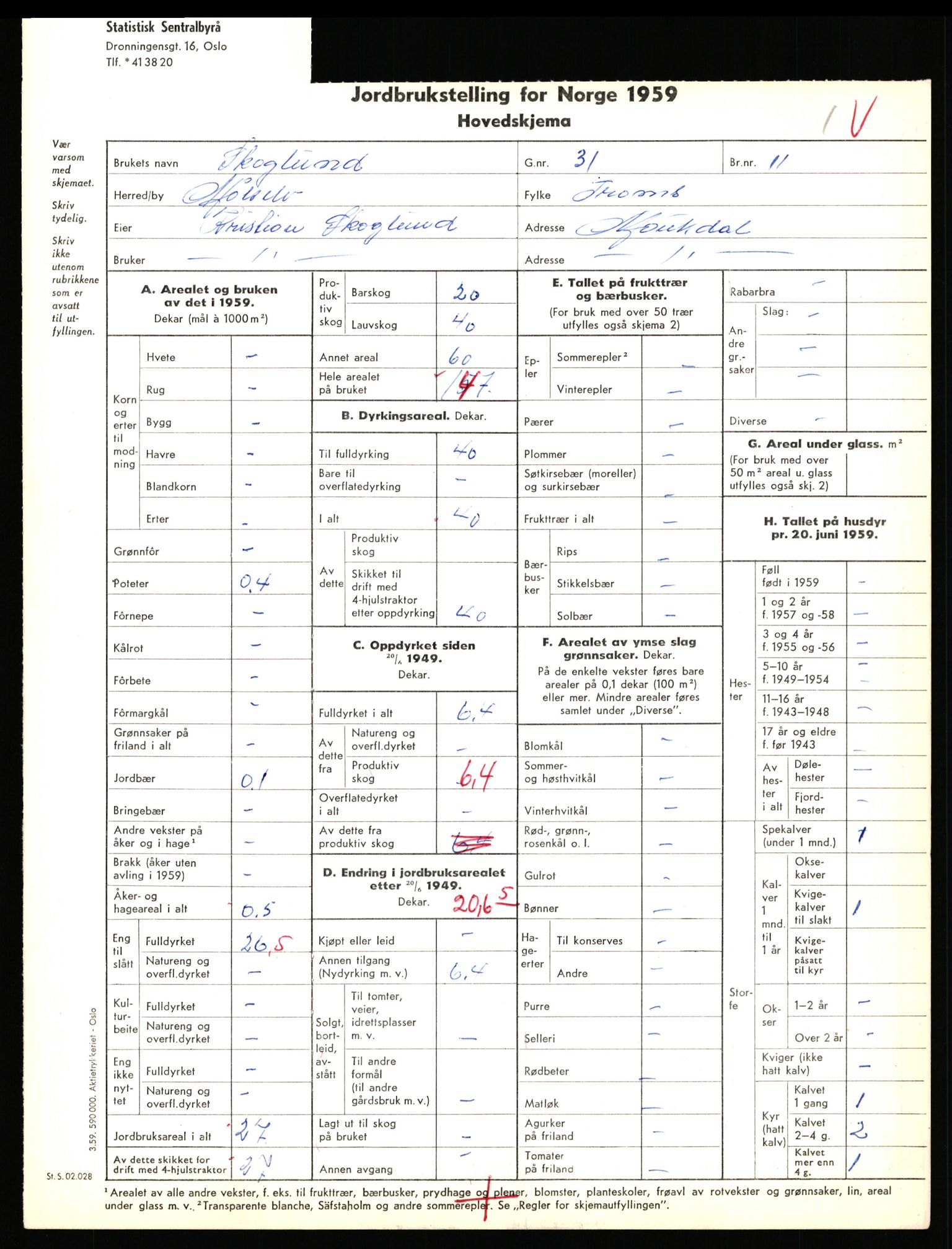 Statistisk sentralbyrå, Næringsøkonomiske emner, Jordbruk, skogbruk, jakt, fiske og fangst, AV/RA-S-2234/G/Gd/L0655: Troms: 1924 Målselv (kl. 4-10), 1959, p. 90