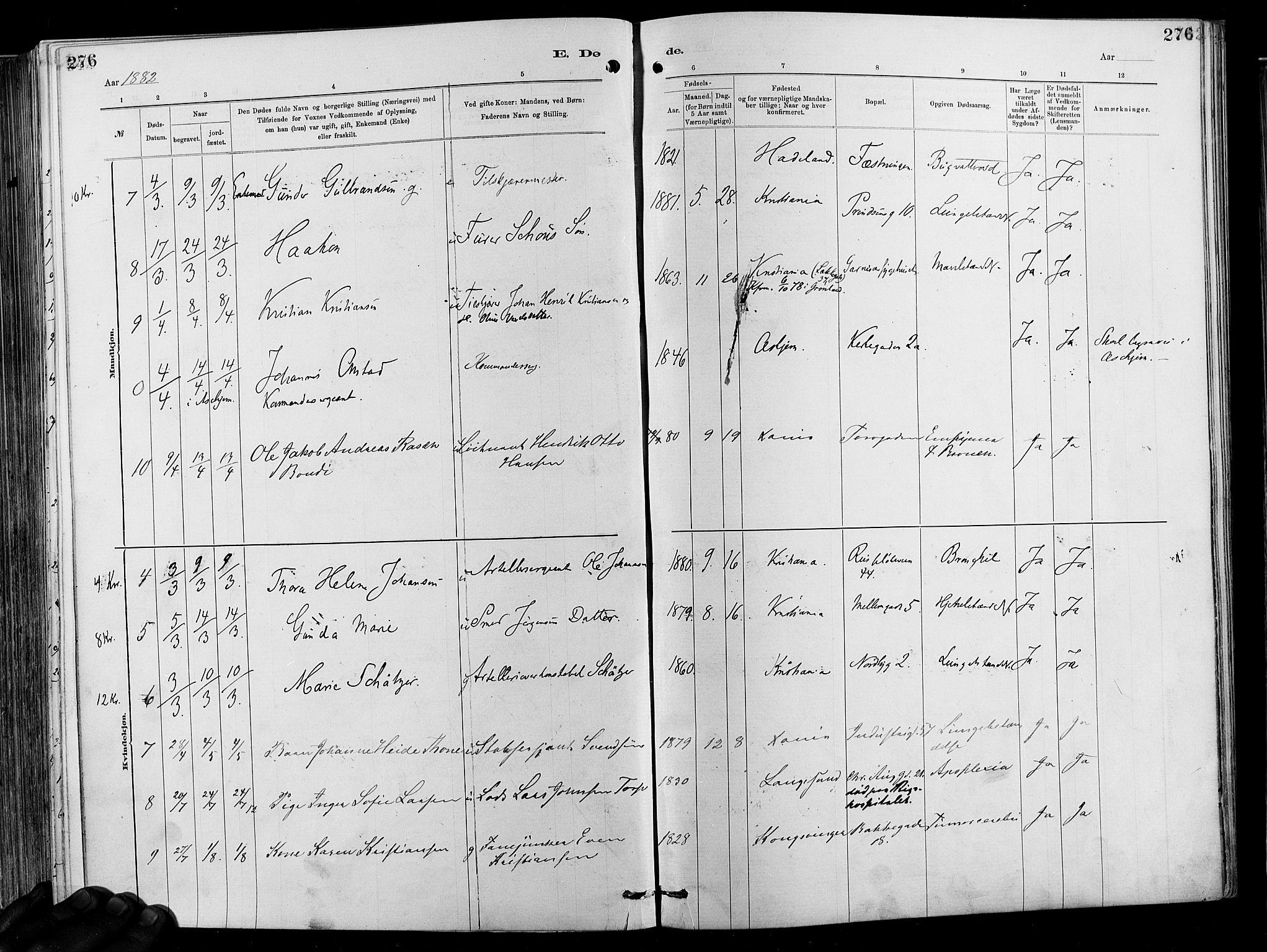 Garnisonsmenigheten Kirkebøker, AV/SAO-A-10846/F/Fa/L0012: Parish register (official) no. 12, 1880-1893, p. 276