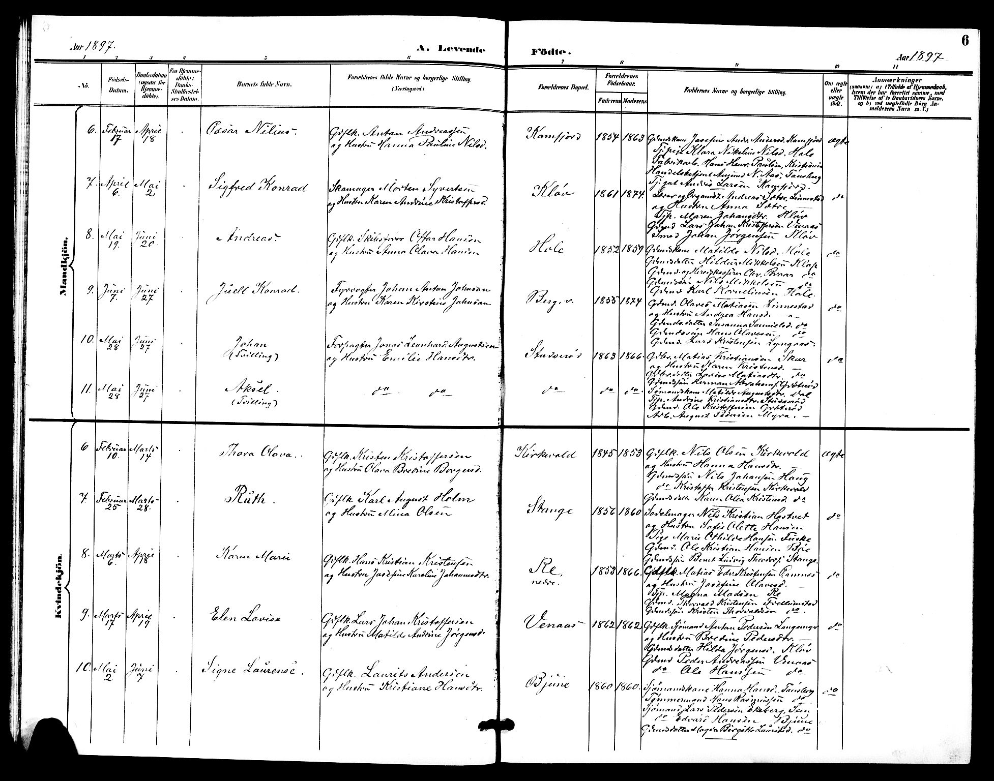 Ramnes kirkebøker, AV/SAKO-A-314/G/Ga/L0004: Parish register (copy) no. I 4, 1896-1911, p. 6