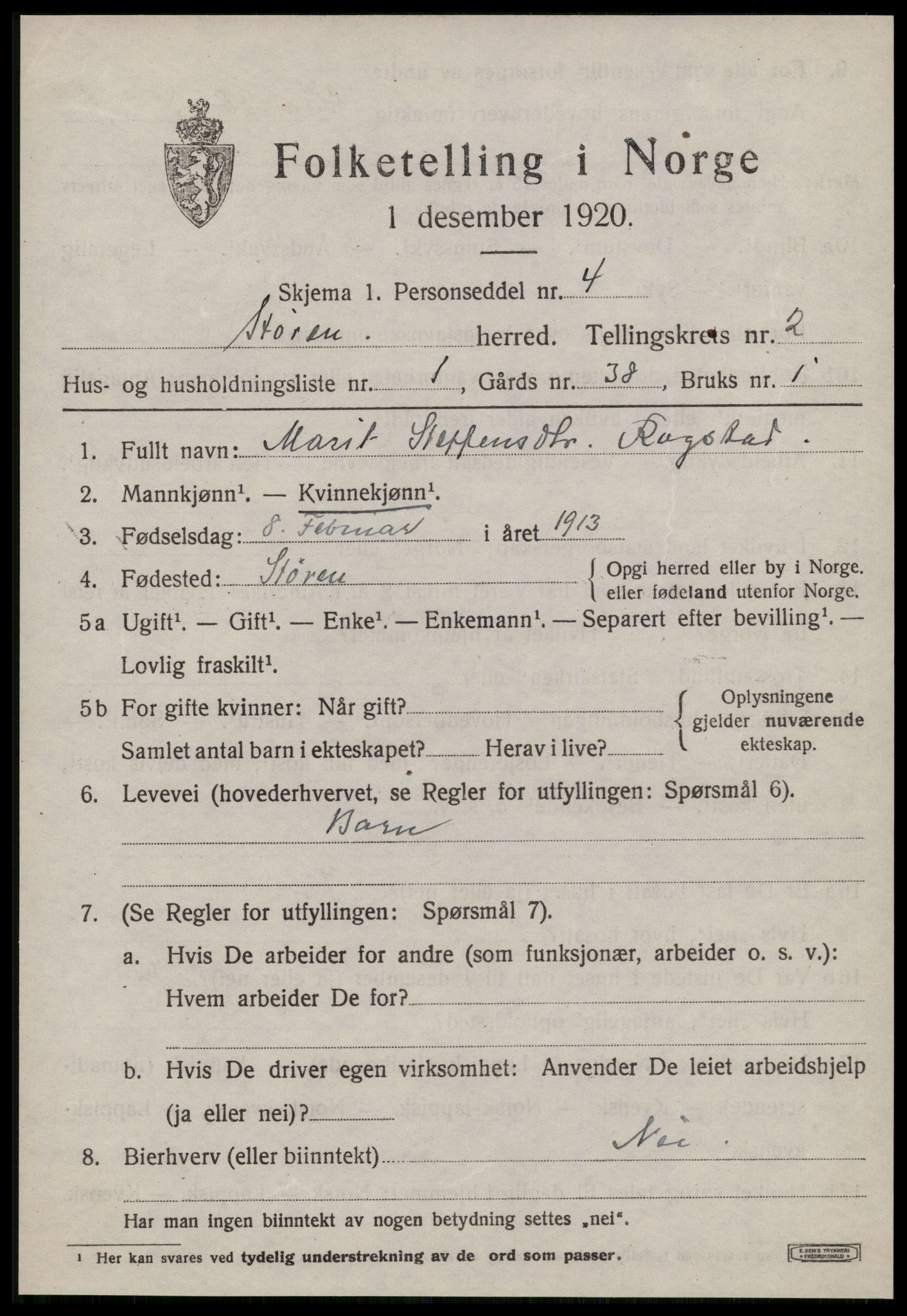 SAT, 1920 census for Støren, 1920, p. 1434