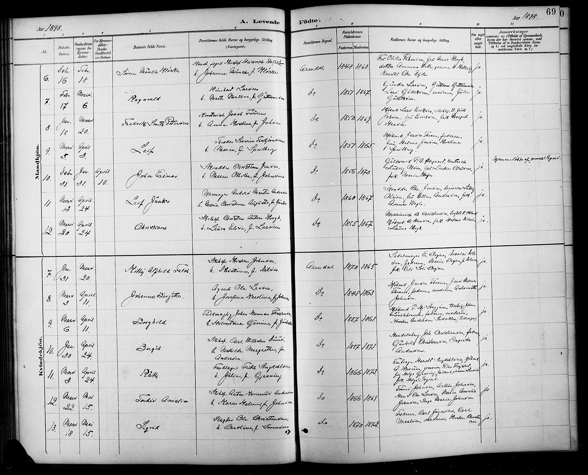 Arendal sokneprestkontor, Trefoldighet, SAK/1111-0040/F/Fb/L0006: Parish register (copy) no. B 6, 1889-1916, p. 69