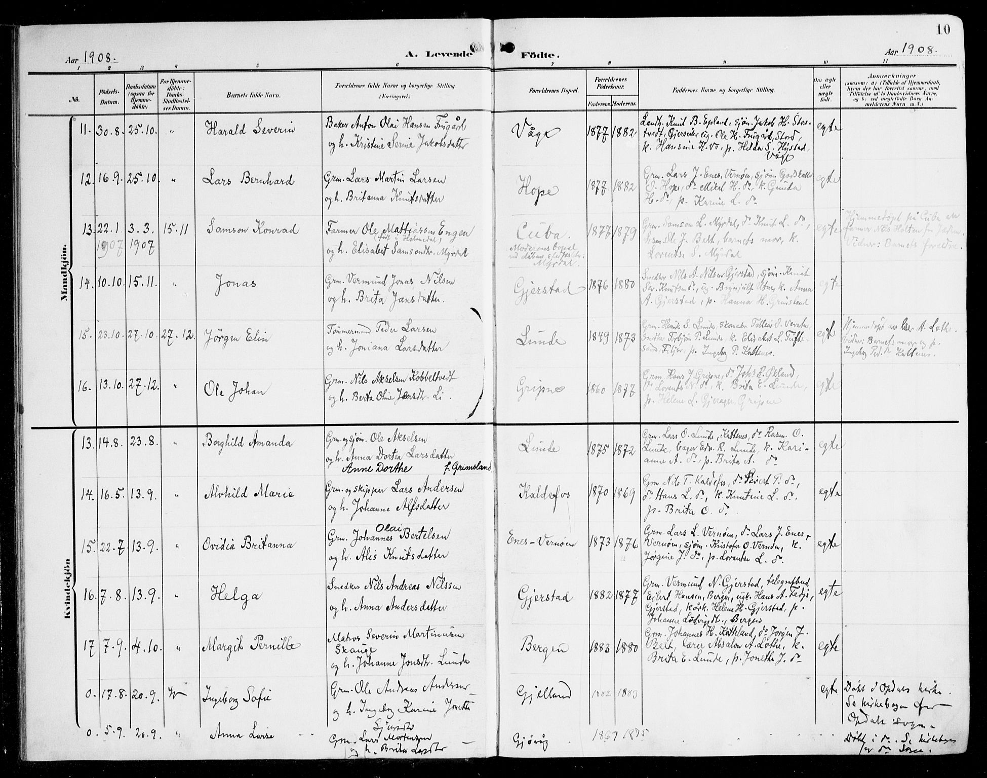 Tysnes sokneprestembete, AV/SAB-A-78601/H/Haa: Parish register (official) no. B 2, 1907-1925, p. 10
