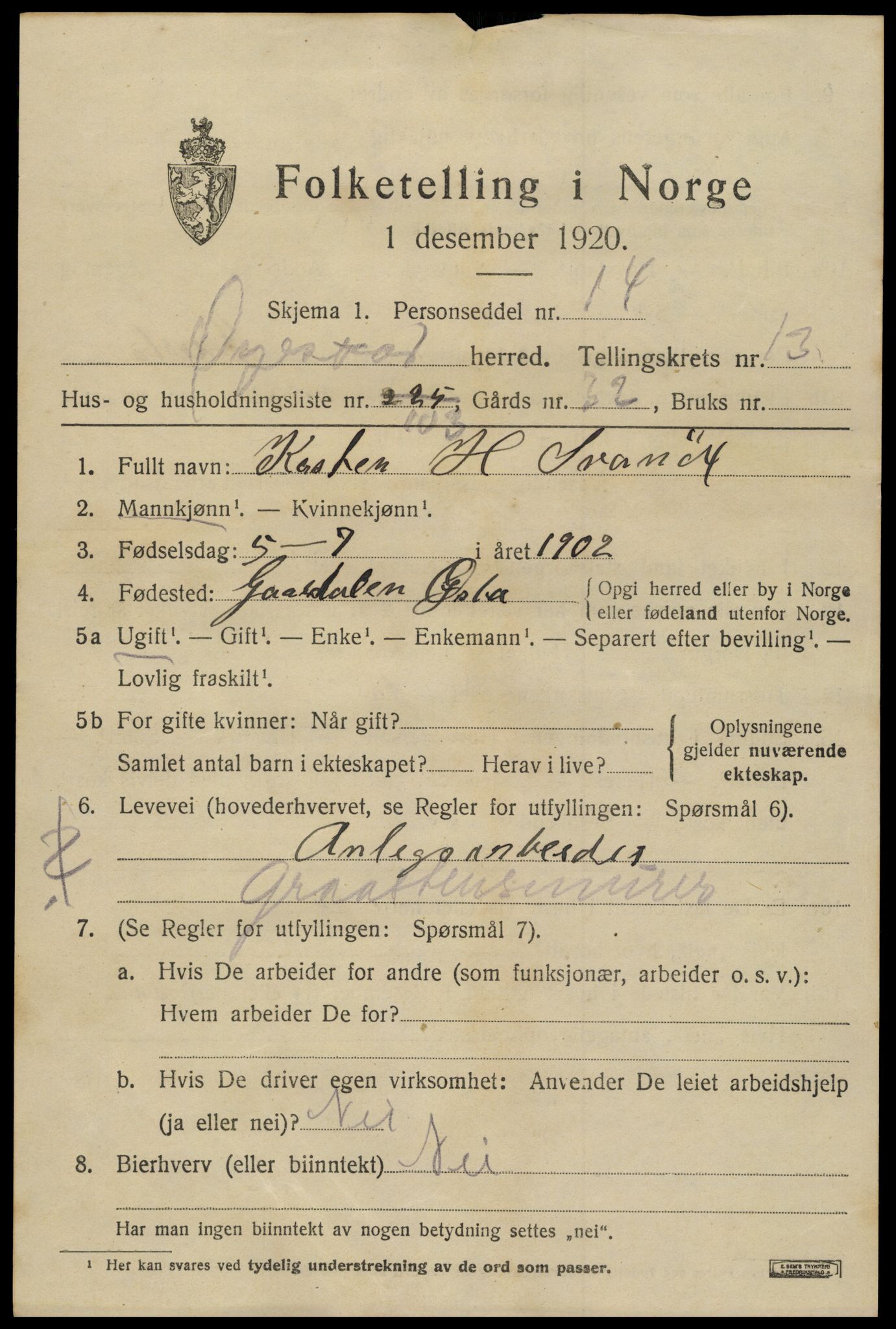 SAK, 1920 census for Øyestad, 1920, p. 9232