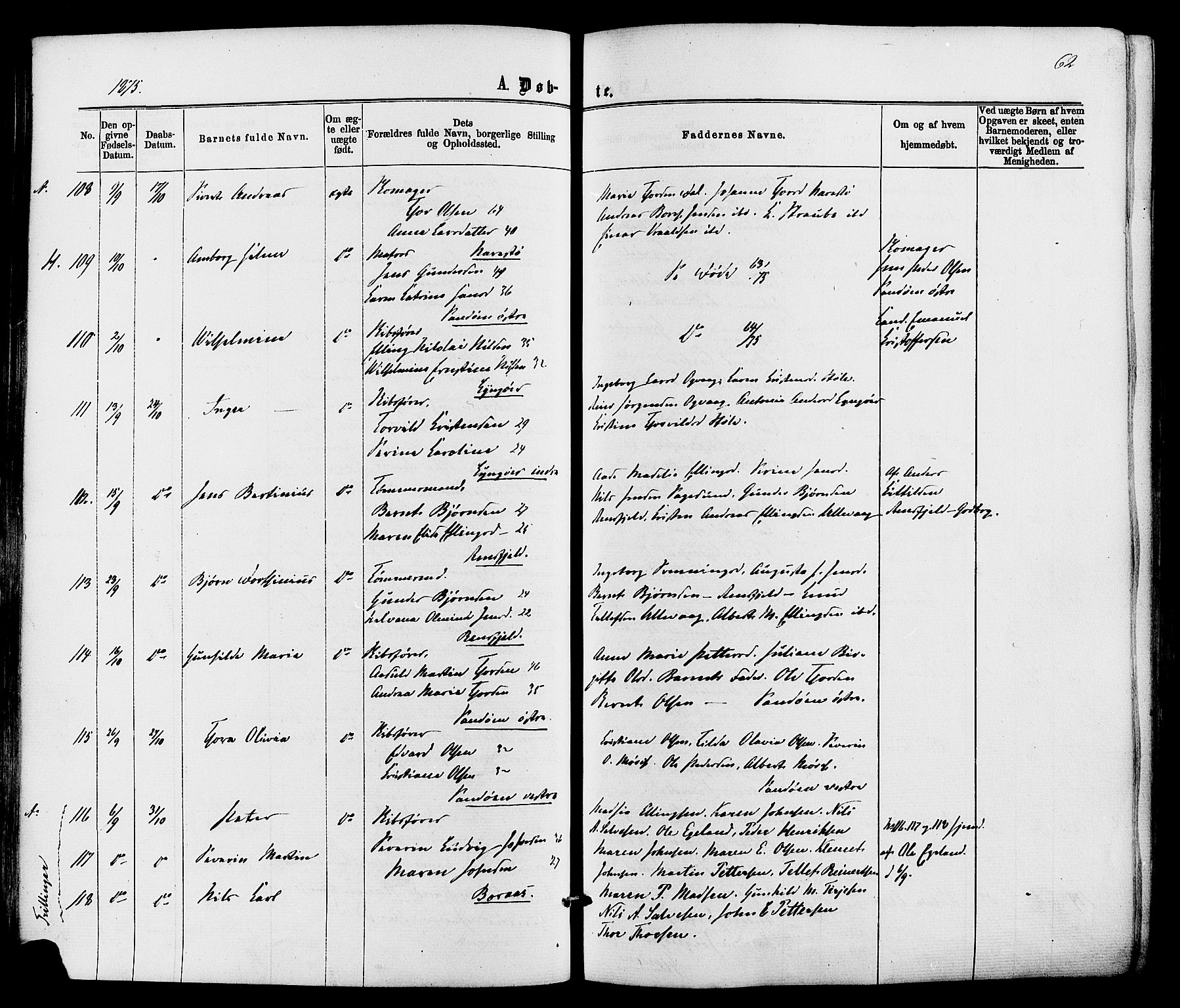 Dypvåg sokneprestkontor, AV/SAK-1111-0007/F/Fa/Faa/L0007: Parish register (official) no. A 7/ 1, 1872-1884, p. 62