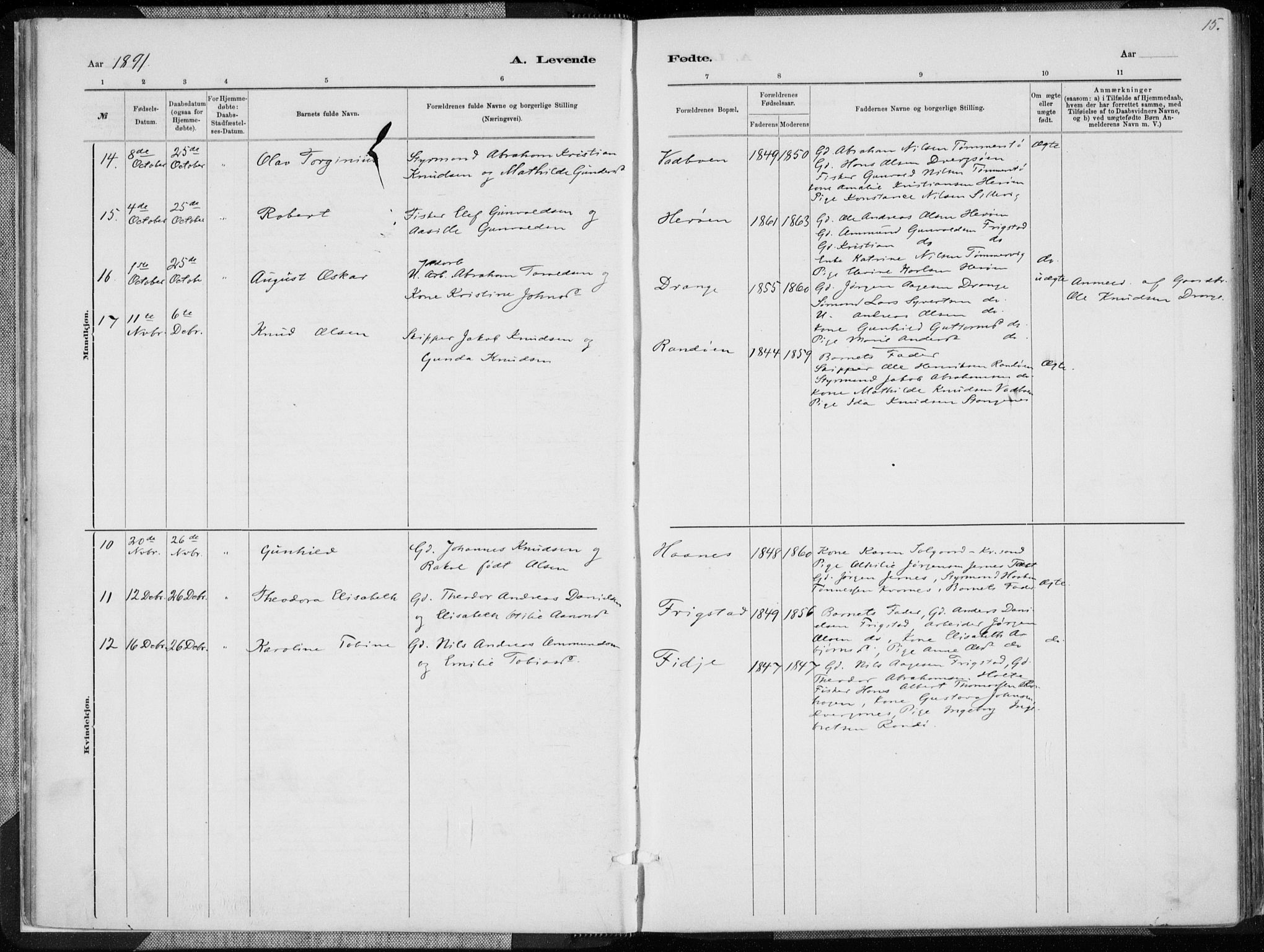 Oddernes sokneprestkontor, AV/SAK-1111-0033/F/Fa/Fab/L0002: Parish register (official) no. A 2, 1884-1903, p. 15