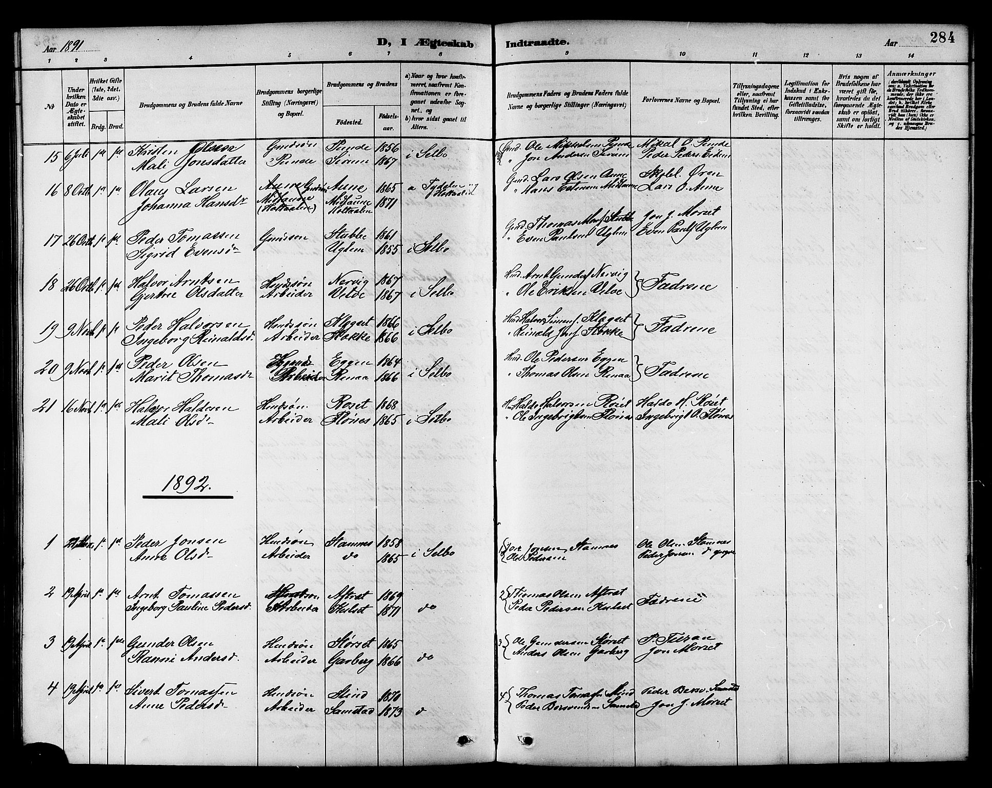 Ministerialprotokoller, klokkerbøker og fødselsregistre - Sør-Trøndelag, SAT/A-1456/695/L1157: Parish register (copy) no. 695C08, 1889-1913, p. 284