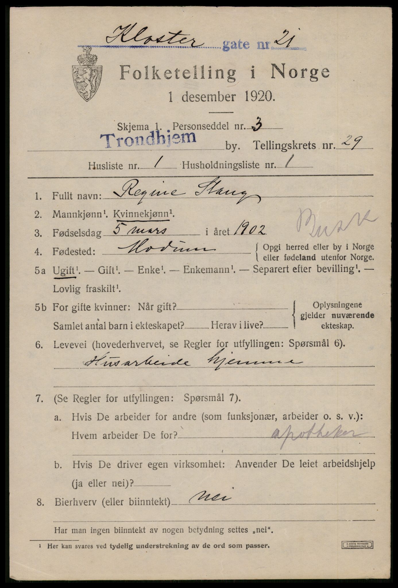 SAT, 1920 census for Trondheim, 1920, p. 72140