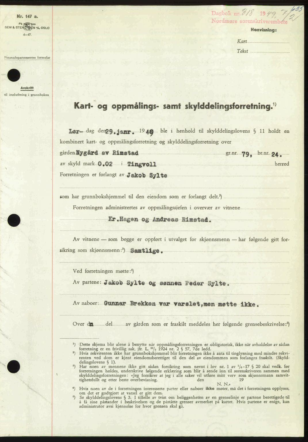 Nordmøre sorenskriveri, AV/SAT-A-4132/1/2/2Ca: Mortgage book no. A110, 1948-1949, Diary no: : 318/1949