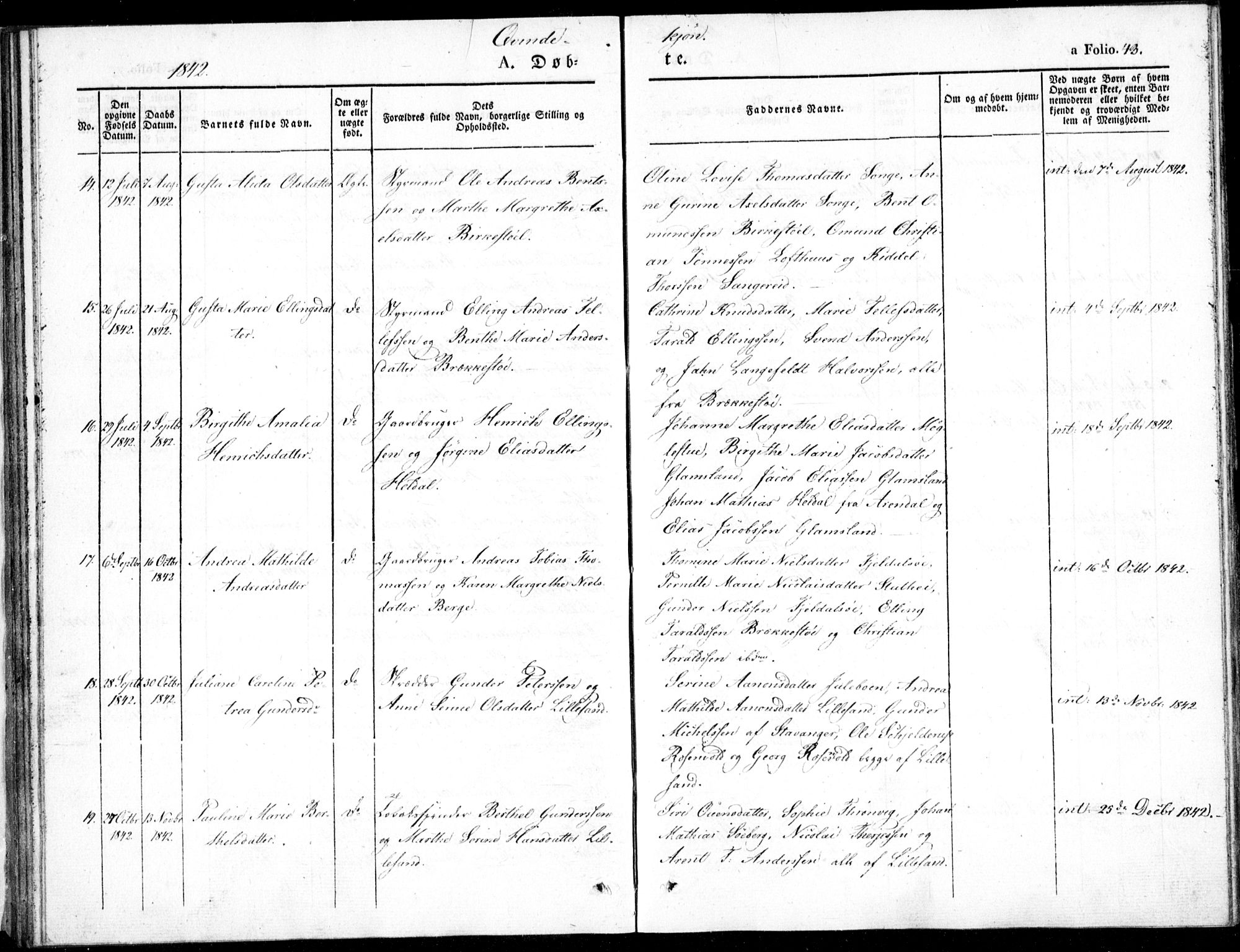 Vestre Moland sokneprestkontor, AV/SAK-1111-0046/F/Fb/Fbb/L0002: Parish register (copy) no. B 2, 1836-1851, p. 43