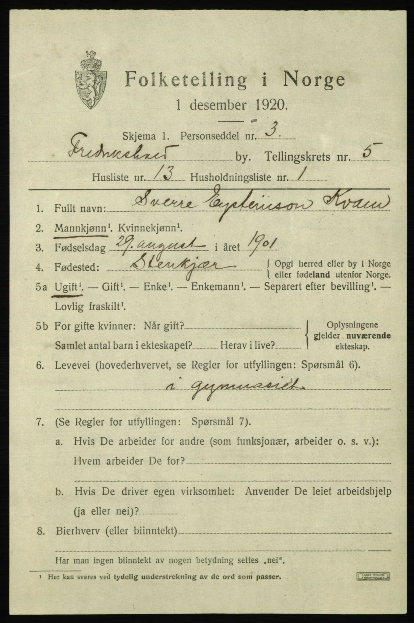 SAO, 1920 census for Fredrikshald, 1920, p. 12255