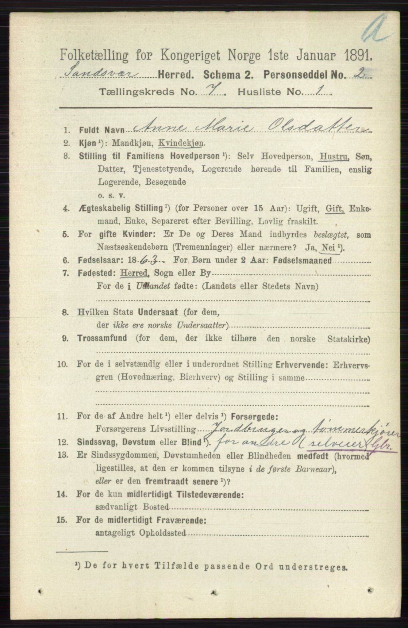 RA, 1891 census for 0629 Sandsvær, 1891, p. 3984