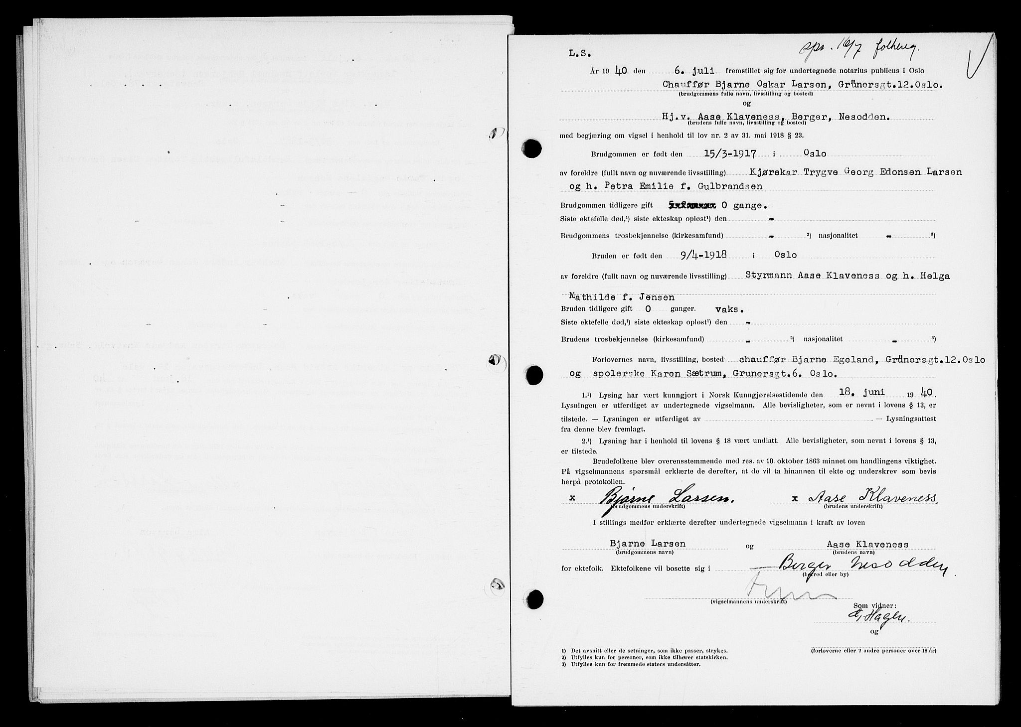 Oslo byfogd avd. I, AV/SAO-A-10220/L/Lb/Lbb/L0035: Notarialprotokoll, rekke II: Vigsler, 1940