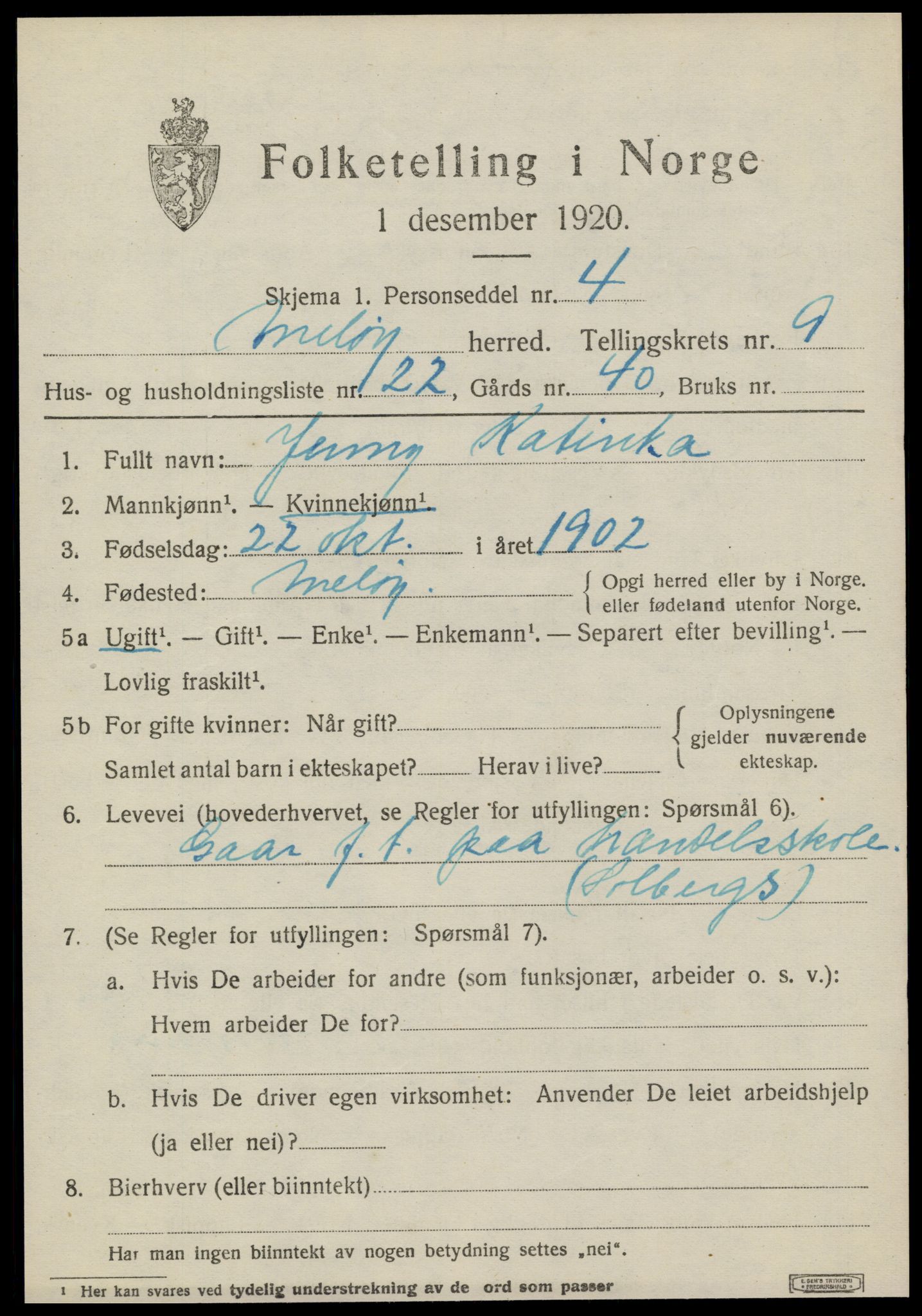 SAT, 1920 census for Meløy, 1920, p. 4707