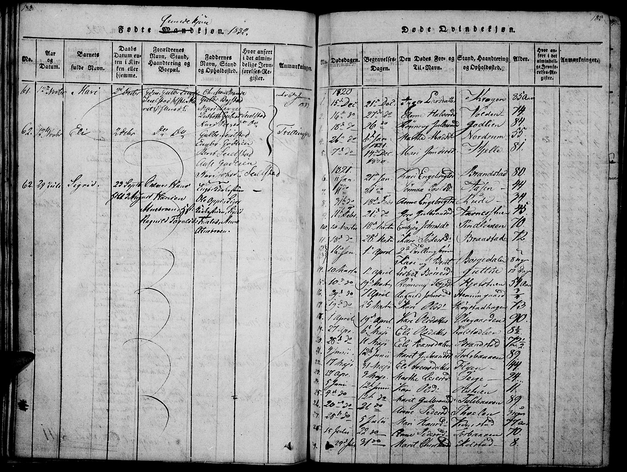 Ringebu prestekontor, SAH/PREST-082/H/Ha/Haa/L0004: Parish register (official) no. 4, 1821-1839, p. 182-183