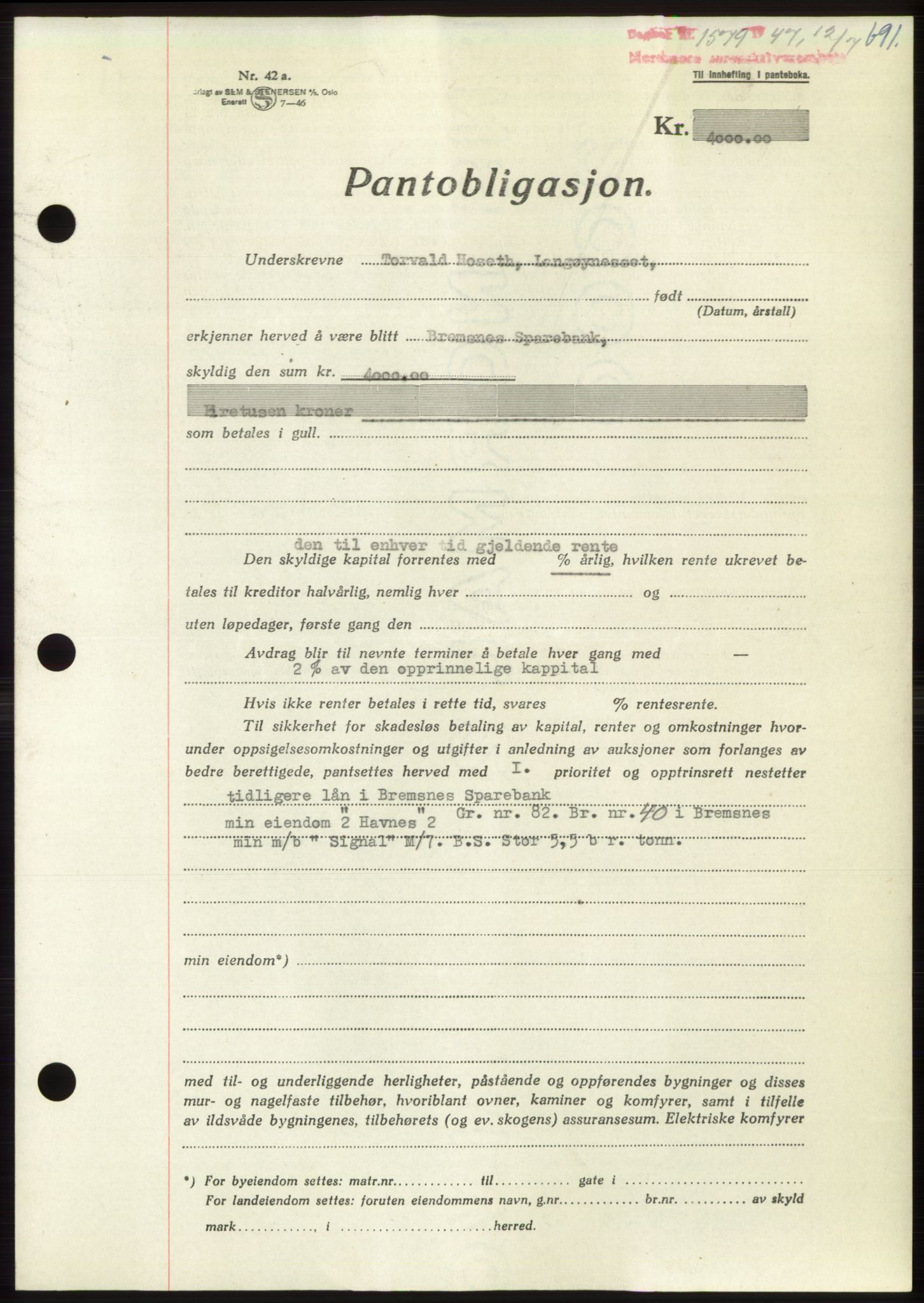 Nordmøre sorenskriveri, AV/SAT-A-4132/1/2/2Ca: Mortgage book no. B96, 1947-1947, Diary no: : 1579/1947