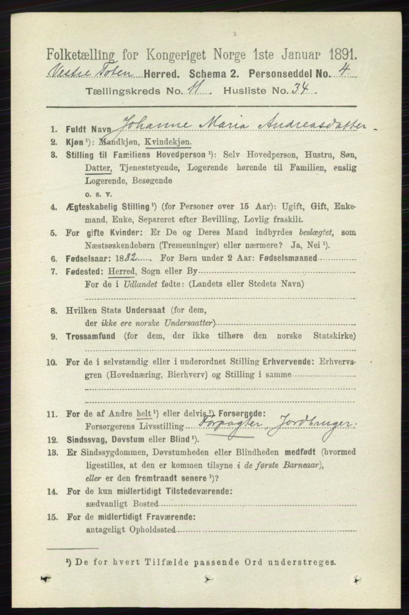 RA, 1891 census for 0529 Vestre Toten, 1891, p. 6881
