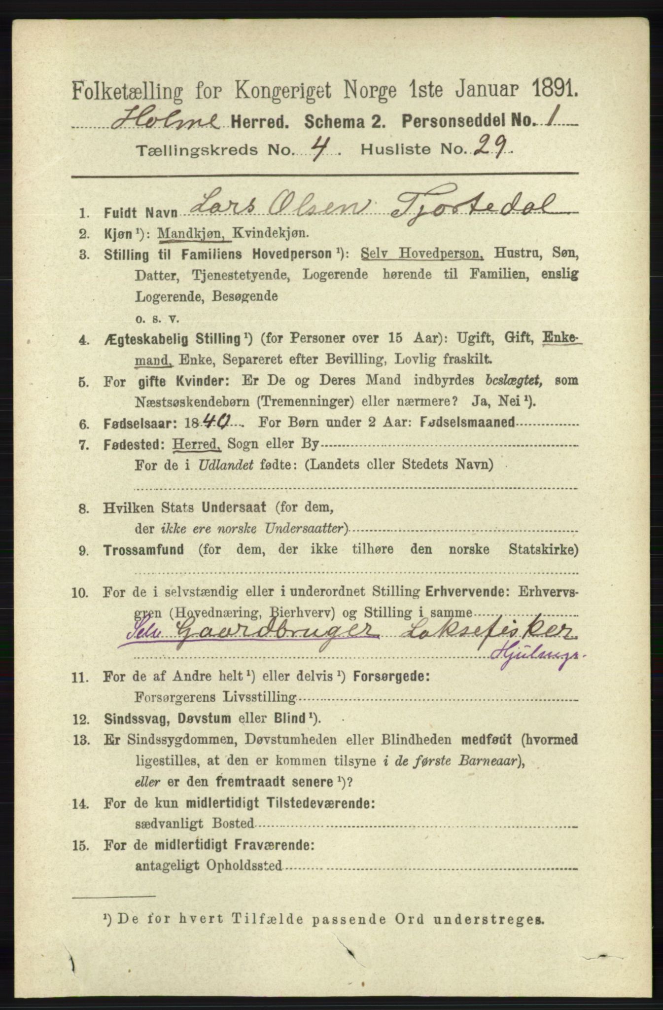 RA, 1891 census for 1020 Holum, 1891, p. 1170