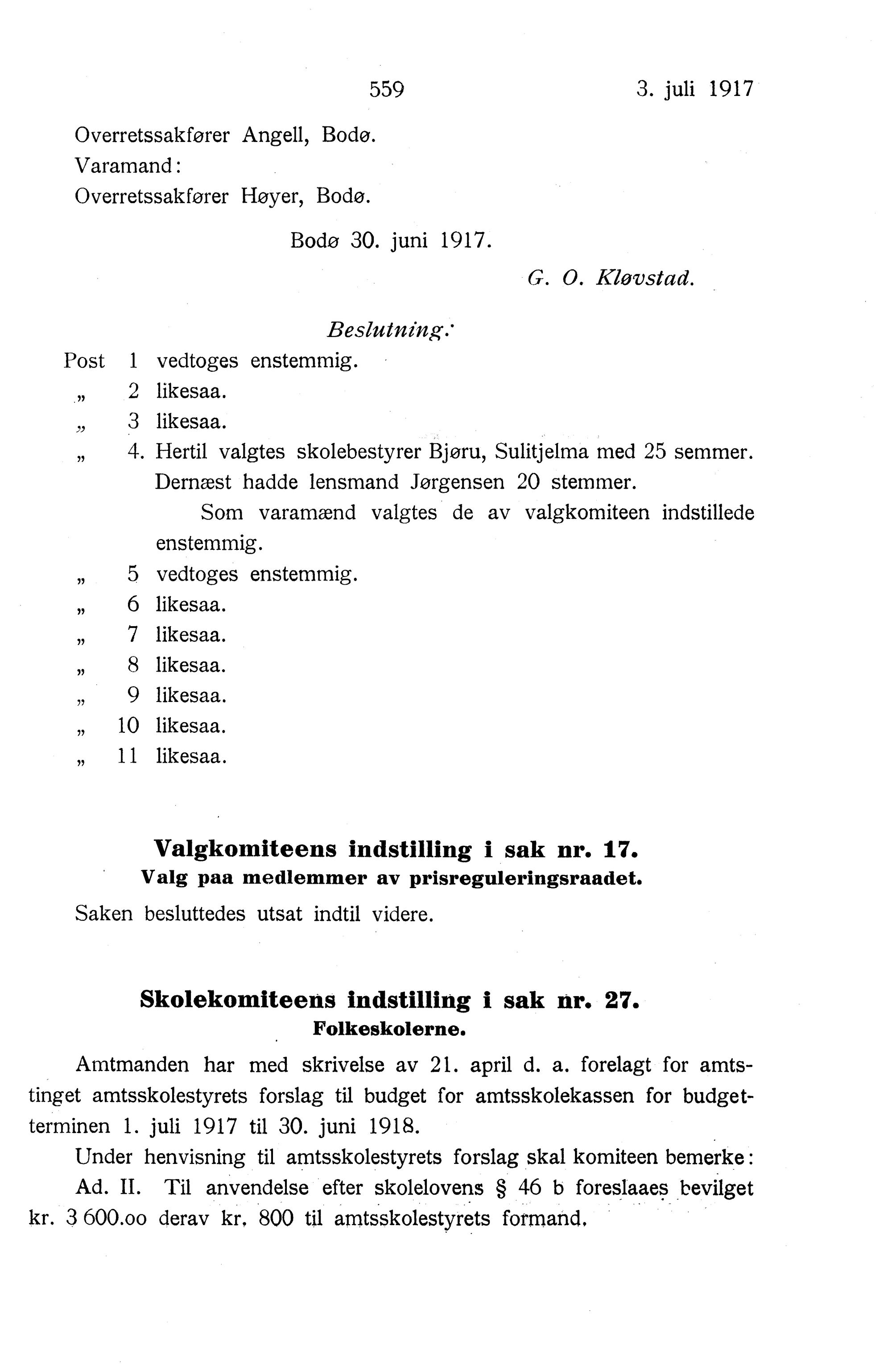 Nordland Fylkeskommune. Fylkestinget, AIN/NFK-17/176/A/Ac/L0040: Fylkestingsforhandlinger 1917, 1917