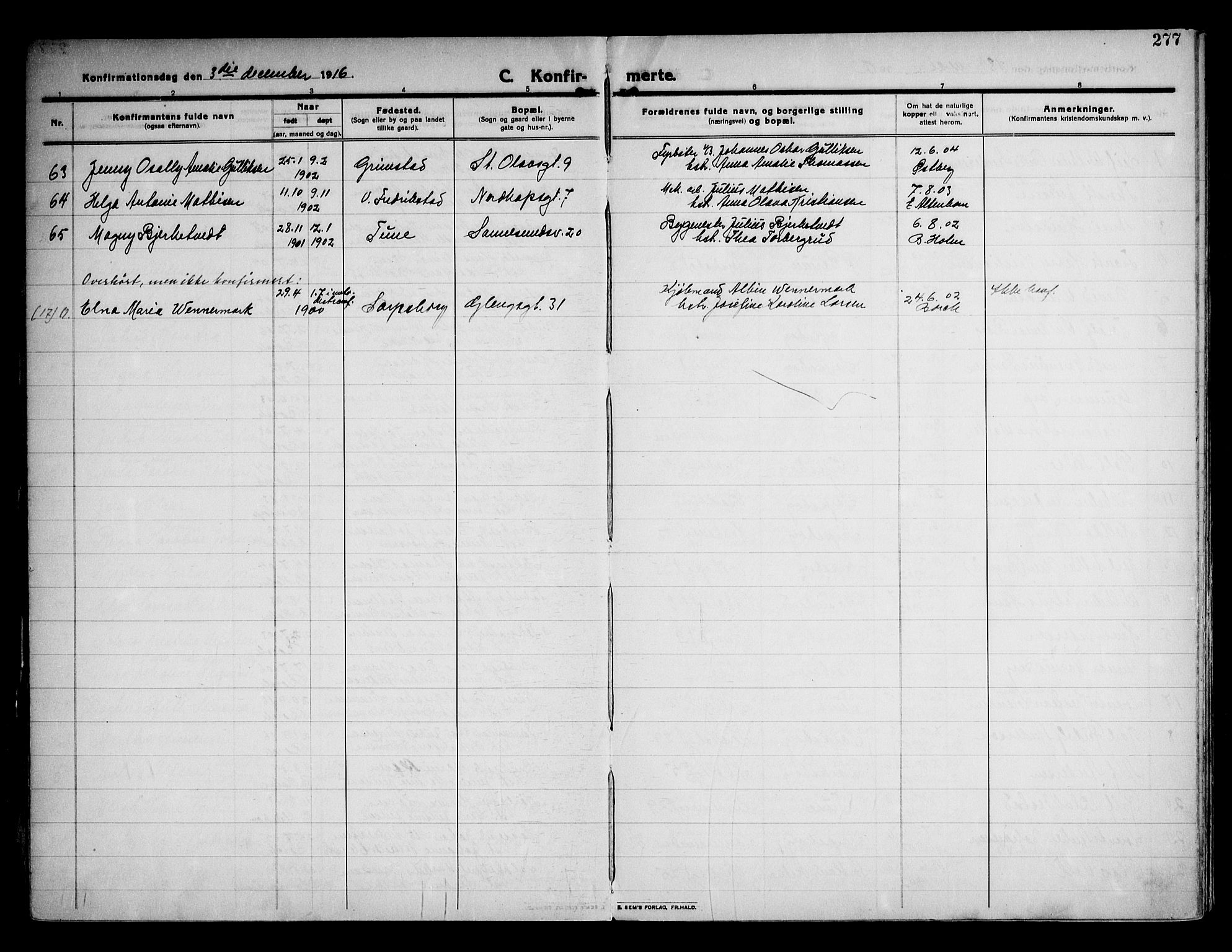 Sarpsborg prestekontor Kirkebøker, SAO/A-2006/F/Fa/L0008: Parish register (official) no. 8, 1910-1920, p. 277