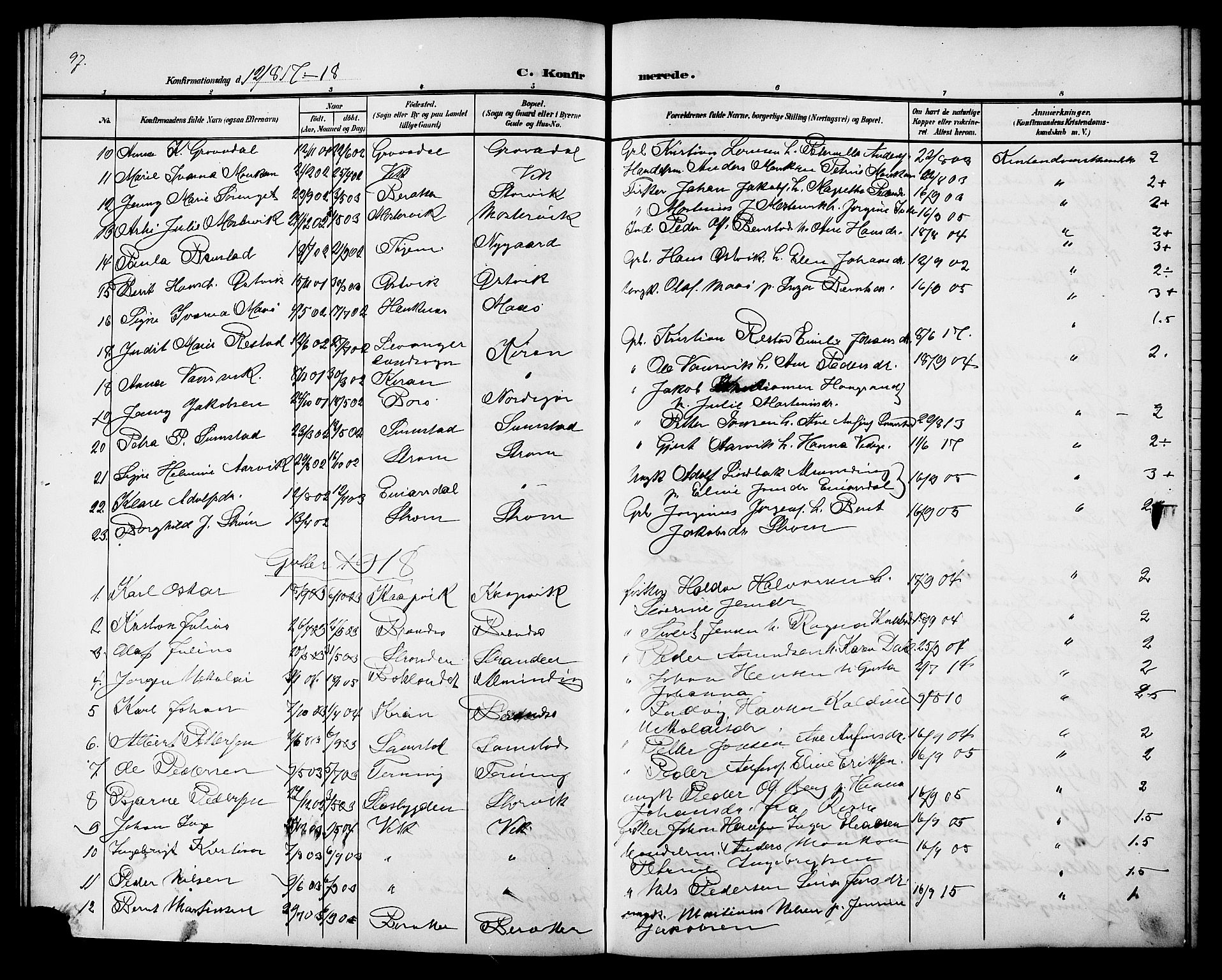 Ministerialprotokoller, klokkerbøker og fødselsregistre - Sør-Trøndelag, AV/SAT-A-1456/657/L0717: Parish register (copy) no. 657C04, 1904-1923, p. 97