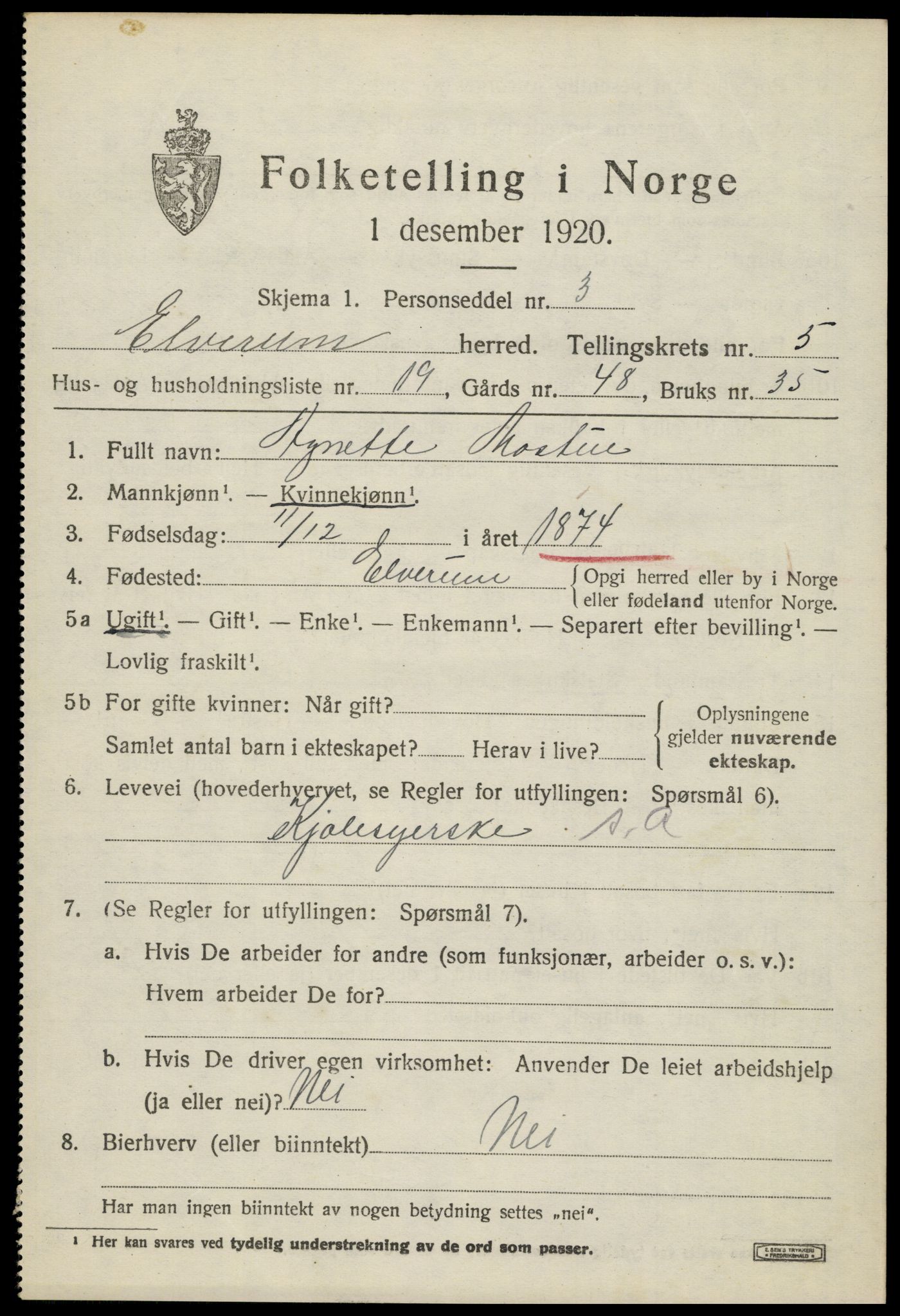 SAH, 1920 census for Elverum, 1920, p. 7714