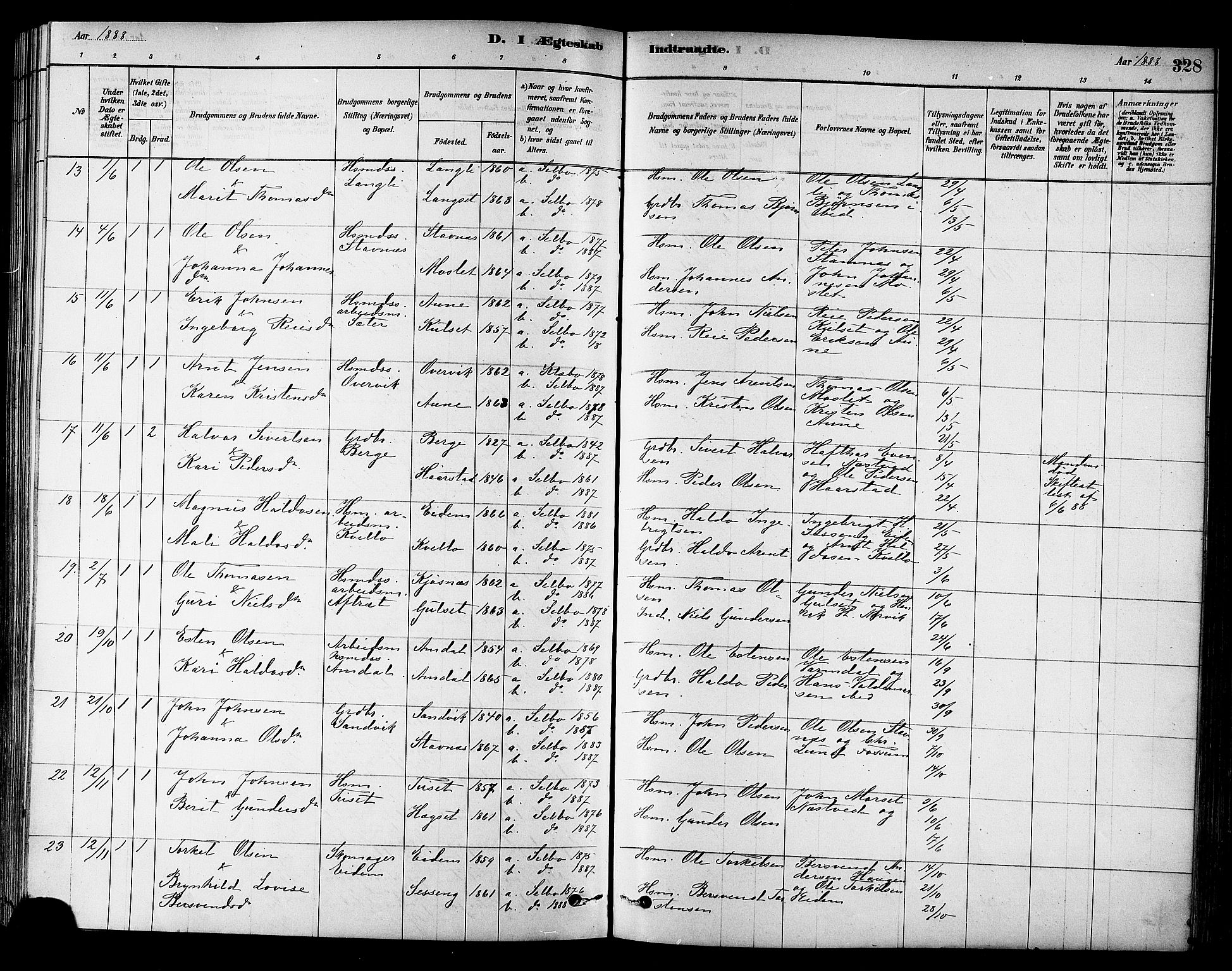 Ministerialprotokoller, klokkerbøker og fødselsregistre - Sør-Trøndelag, SAT/A-1456/695/L1148: Parish register (official) no. 695A08, 1878-1891, p. 328