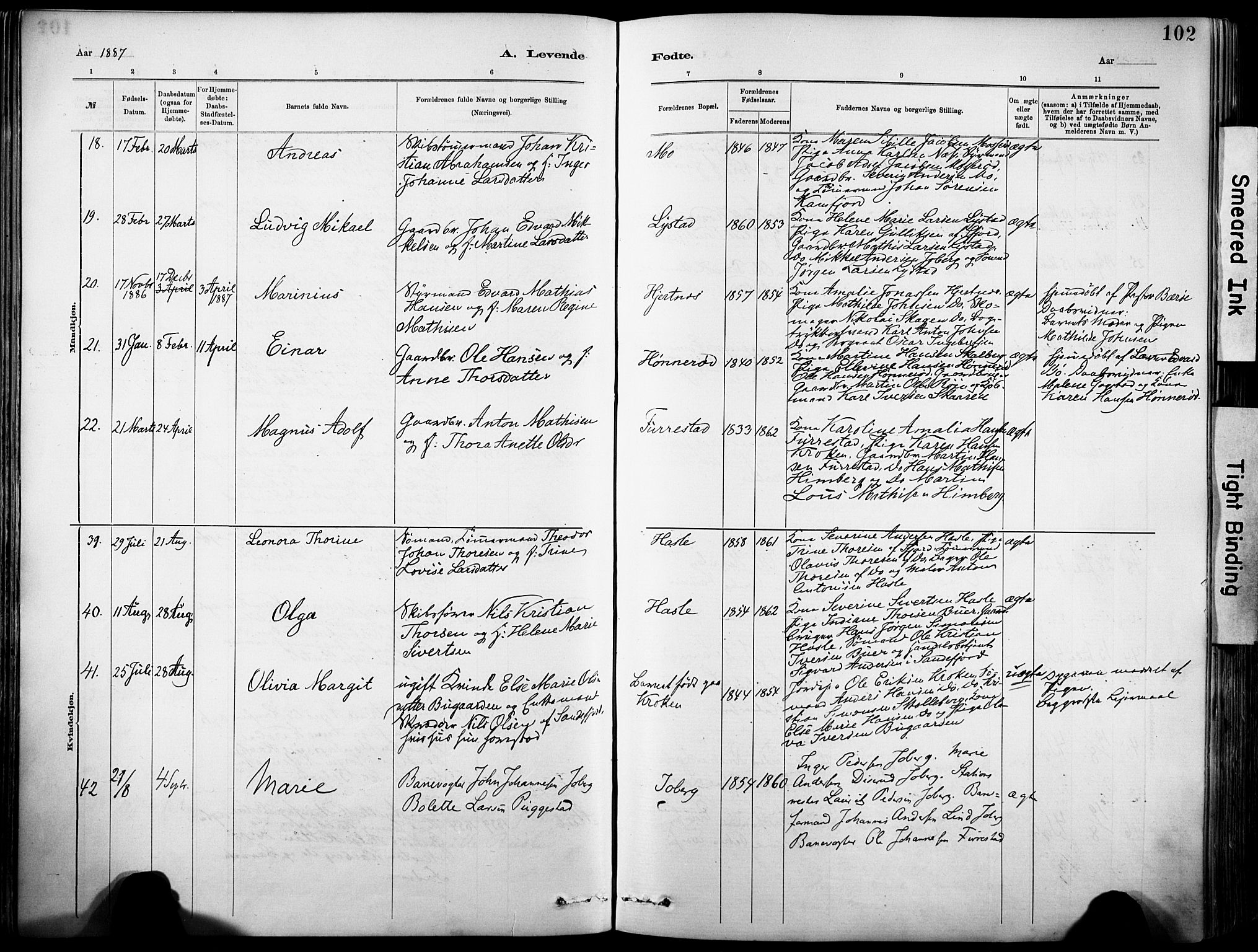 Sandar kirkebøker, SAKO/A-243/F/Fa/L0012: Parish register (official) no. 12, 1883-1895, p. 102