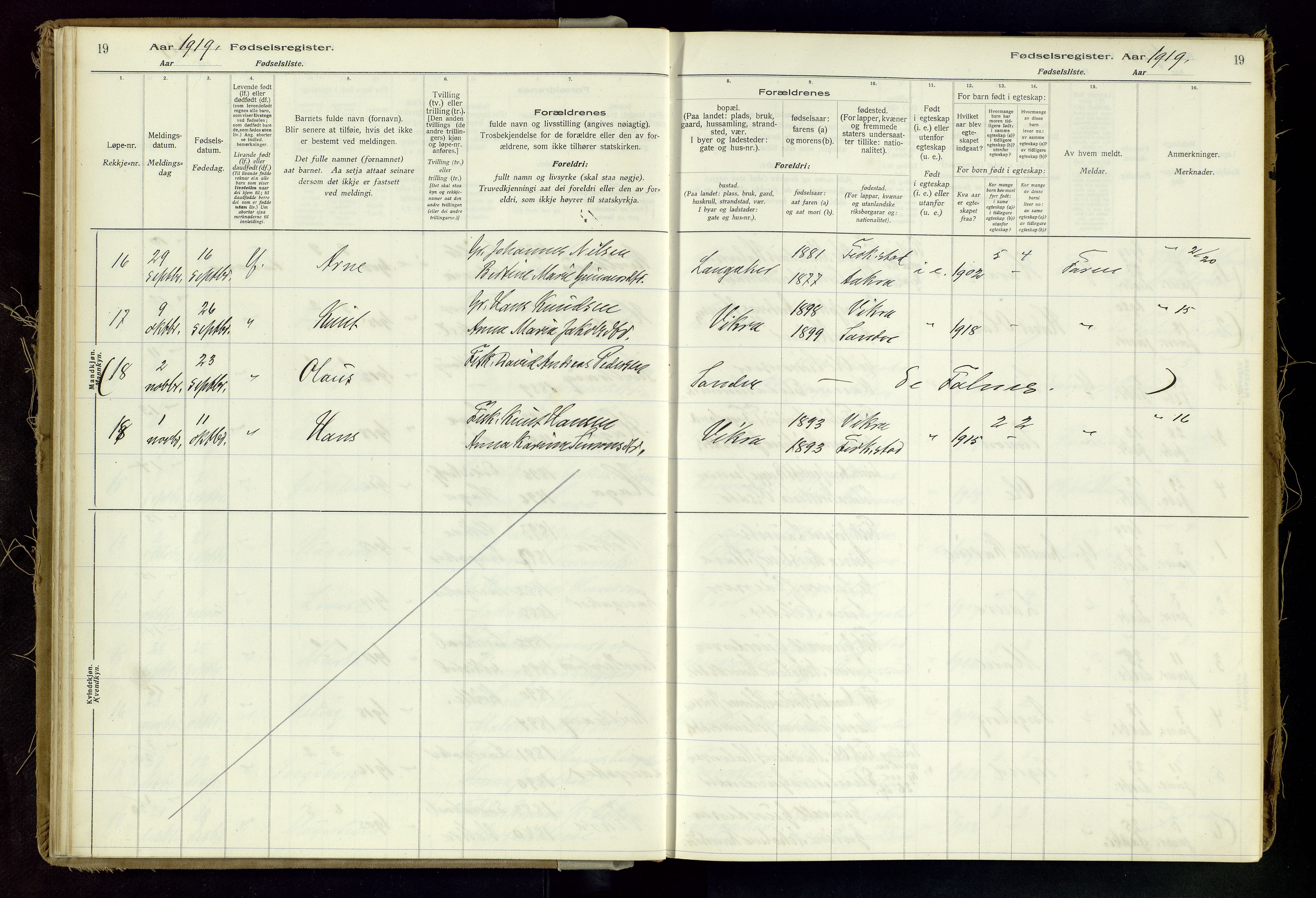 Skudenes sokneprestkontor, AV/SAST-A -101849/I/Id/L0002: Birth register no. 2, 1916-1962, p. 19