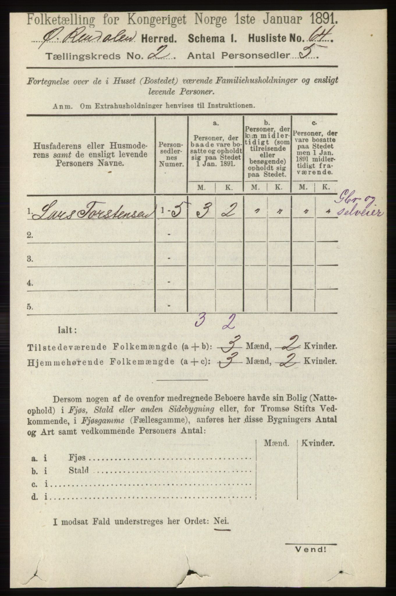 RA, 1891 census for 0433 Øvre Rendal, 1891, p. 397