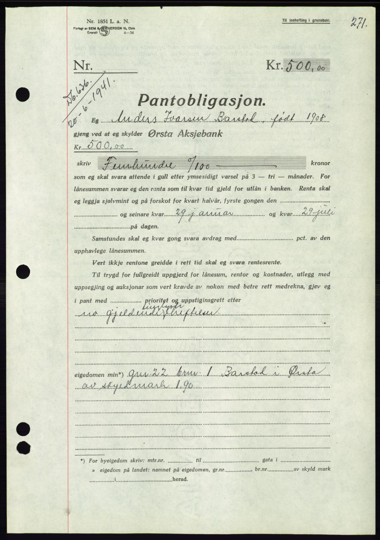 Søre Sunnmøre sorenskriveri, AV/SAT-A-4122/1/2/2C/L0071: Mortgage book no. 65, 1941-1941, Diary no: : 636/1941