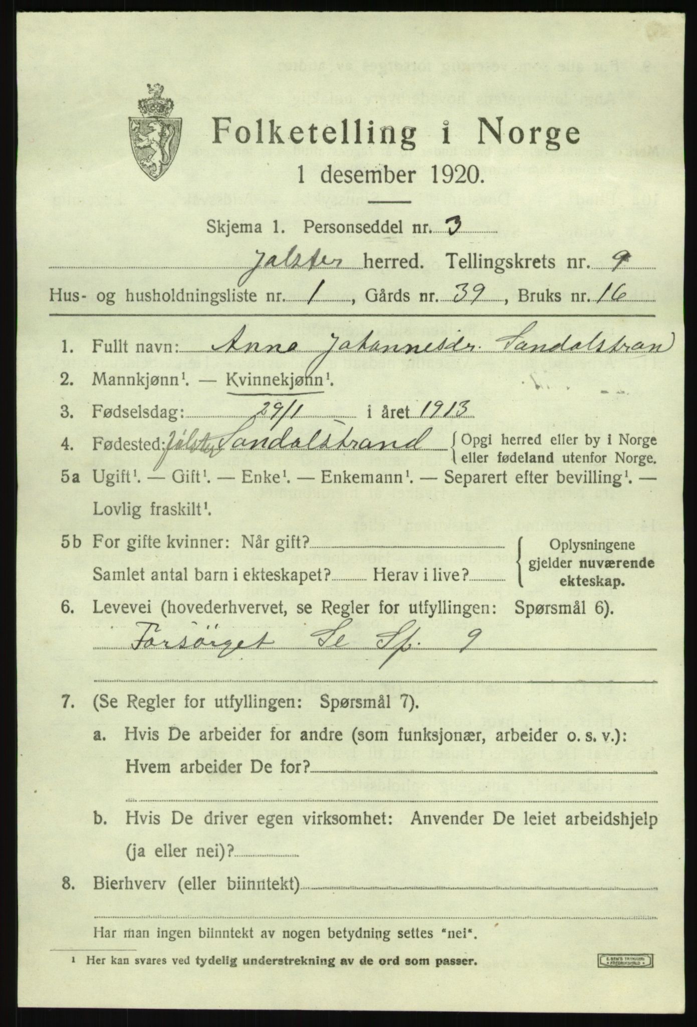 SAB, 1920 census for Jølster, 1920, p. 4314