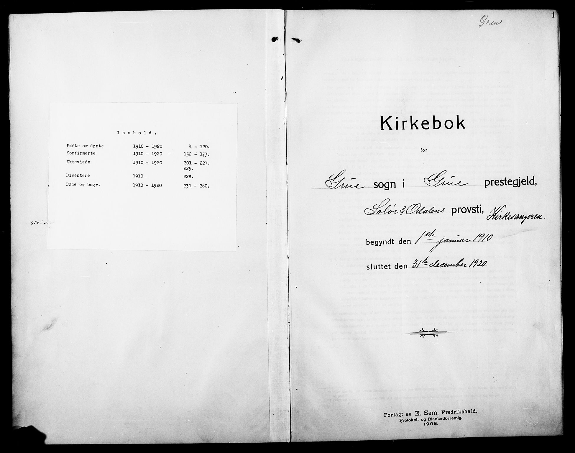 Grue prestekontor, SAH/PREST-036/H/Ha/Hab/L0007: Parish register (copy) no. 7, 1910-1920, p. 1