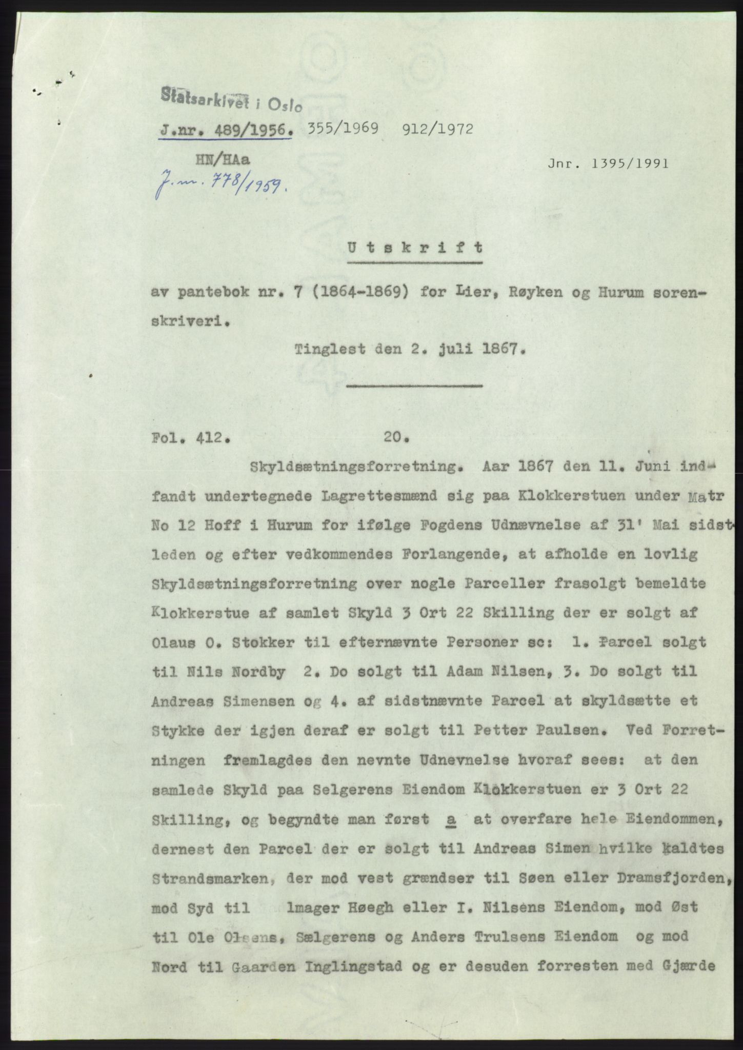 Statsarkivet i Kongsberg, AV/SAKO-A-0001/E/Ee/L0006: Avskrifter, SAO jnr. 401/1956 - 791/1956, 1956, p. 95
