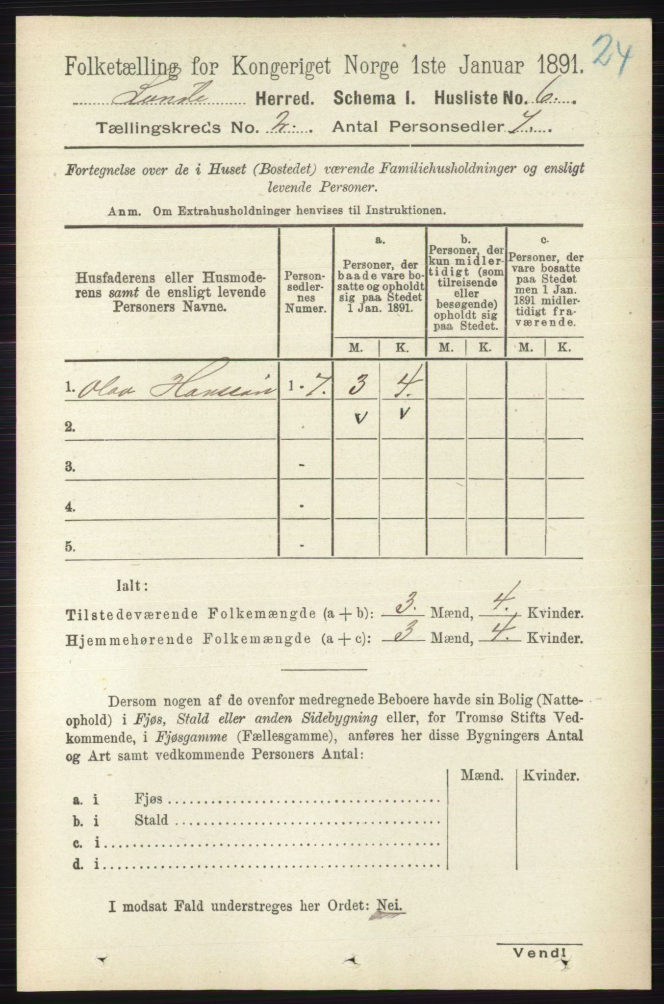 RA, 1891 census for 0820 Lunde, 1891, p. 297