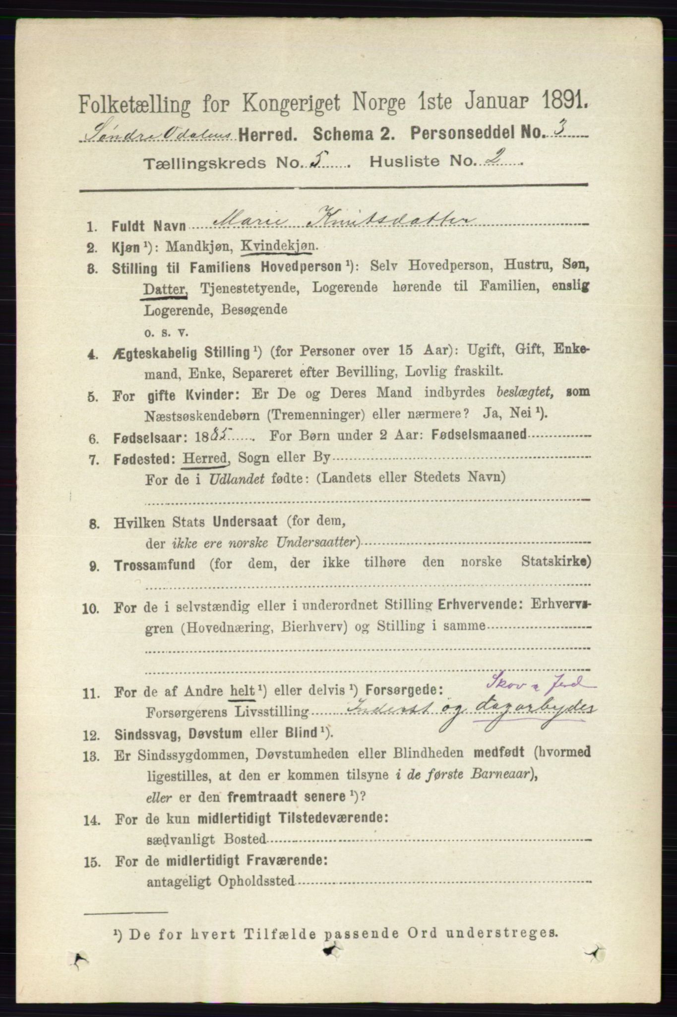 RA, 1891 census for 0419 Sør-Odal, 1891, p. 2337