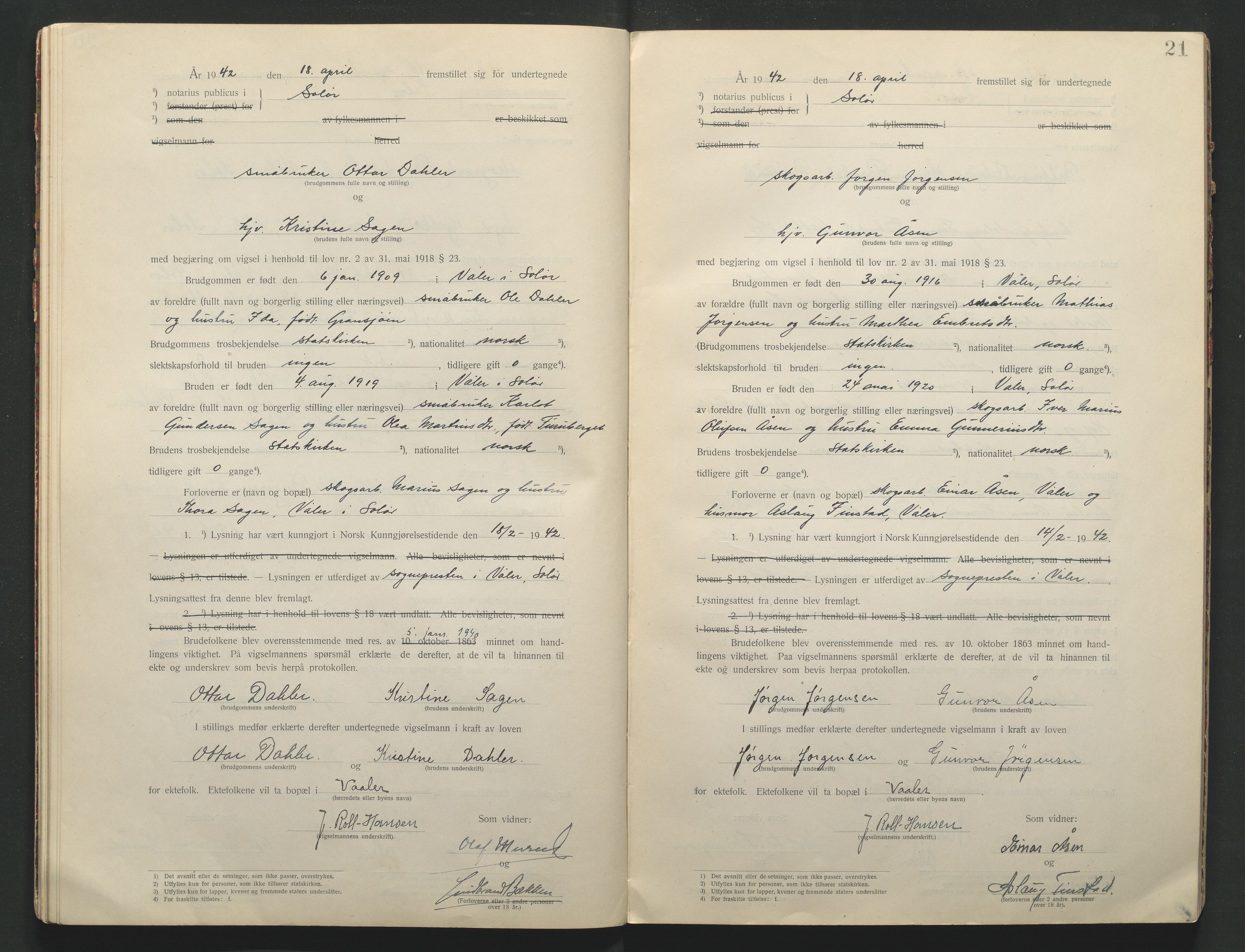 Solør tingrett, AV/SAH-TING-008/L/Lb/L0001: Vigselprotokoll, 1920-1943, p. 21