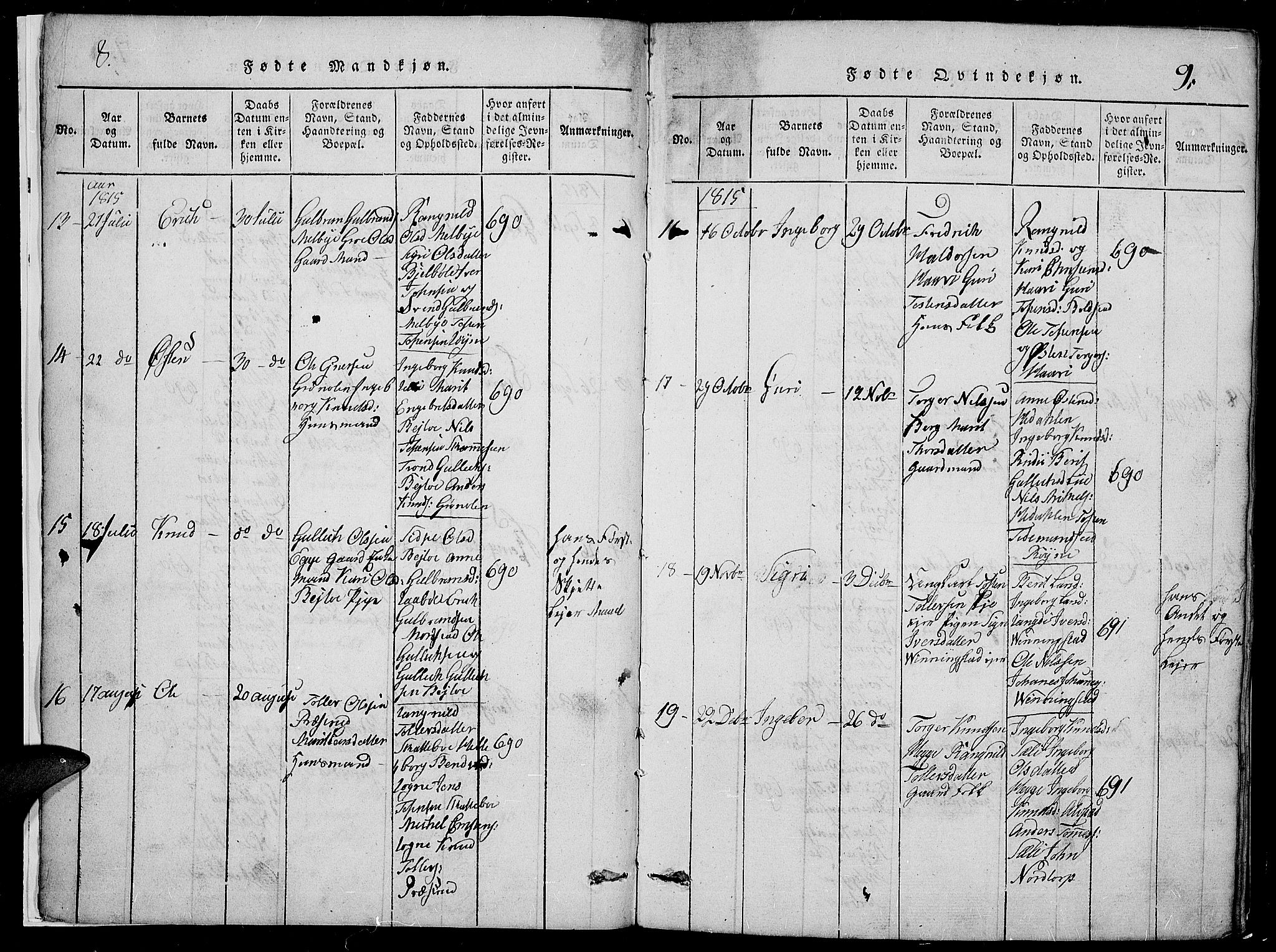 Slidre prestekontor, SAH/PREST-134/H/Ha/Hab/L0002: Parish register (copy) no. 2, 1814-1839, p. 8-9