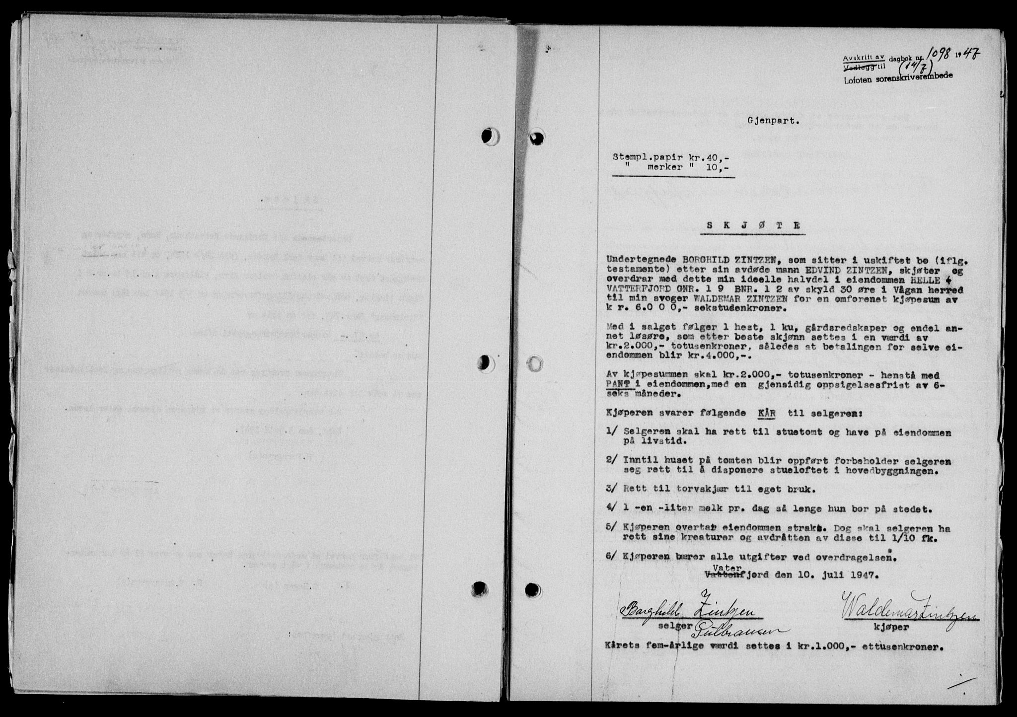 Lofoten sorenskriveri, SAT/A-0017/1/2/2C/L0016a: Mortgage book no. 16a, 1947-1947, Diary no: : 1098/1947