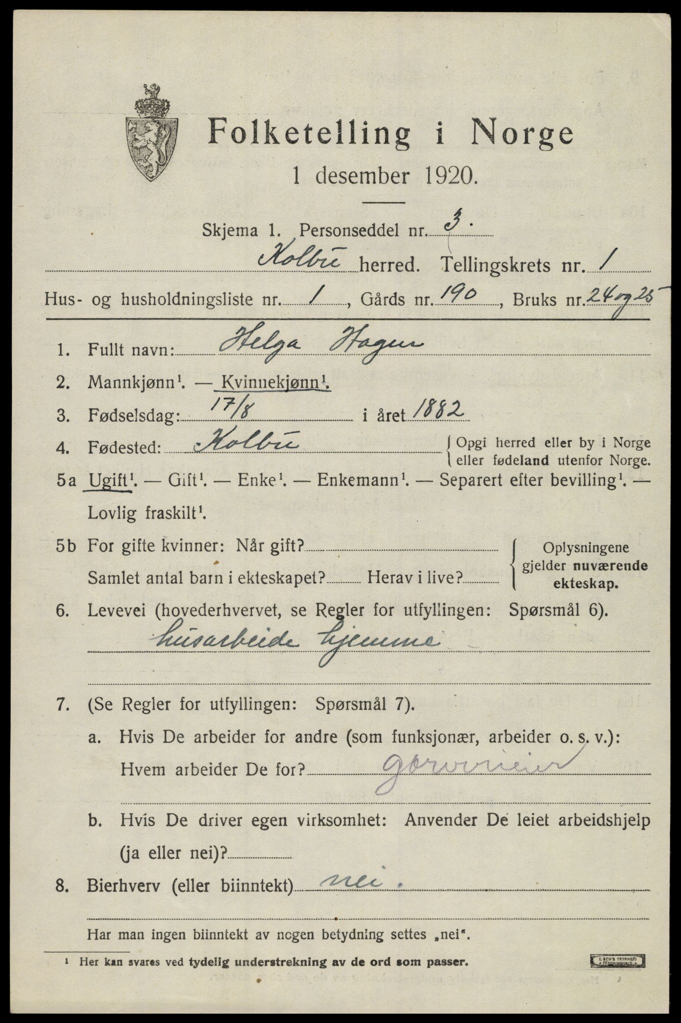 SAH, 1920 census for Kolbu, 1920, p. 1036