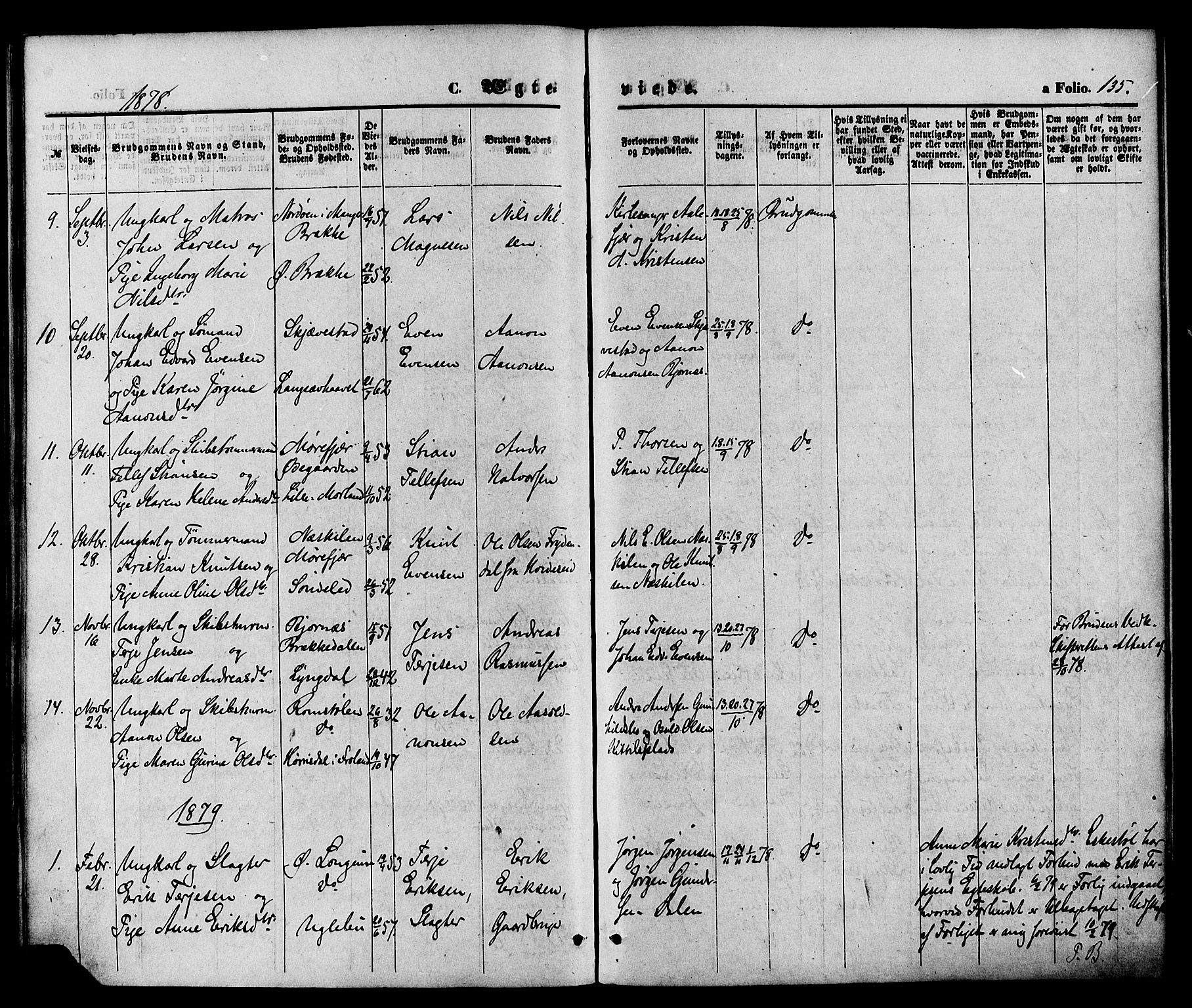 Austre Moland sokneprestkontor, AV/SAK-1111-0001/F/Fa/Faa/L0009: Parish register (official) no. A 9, 1869-1879, p. 135