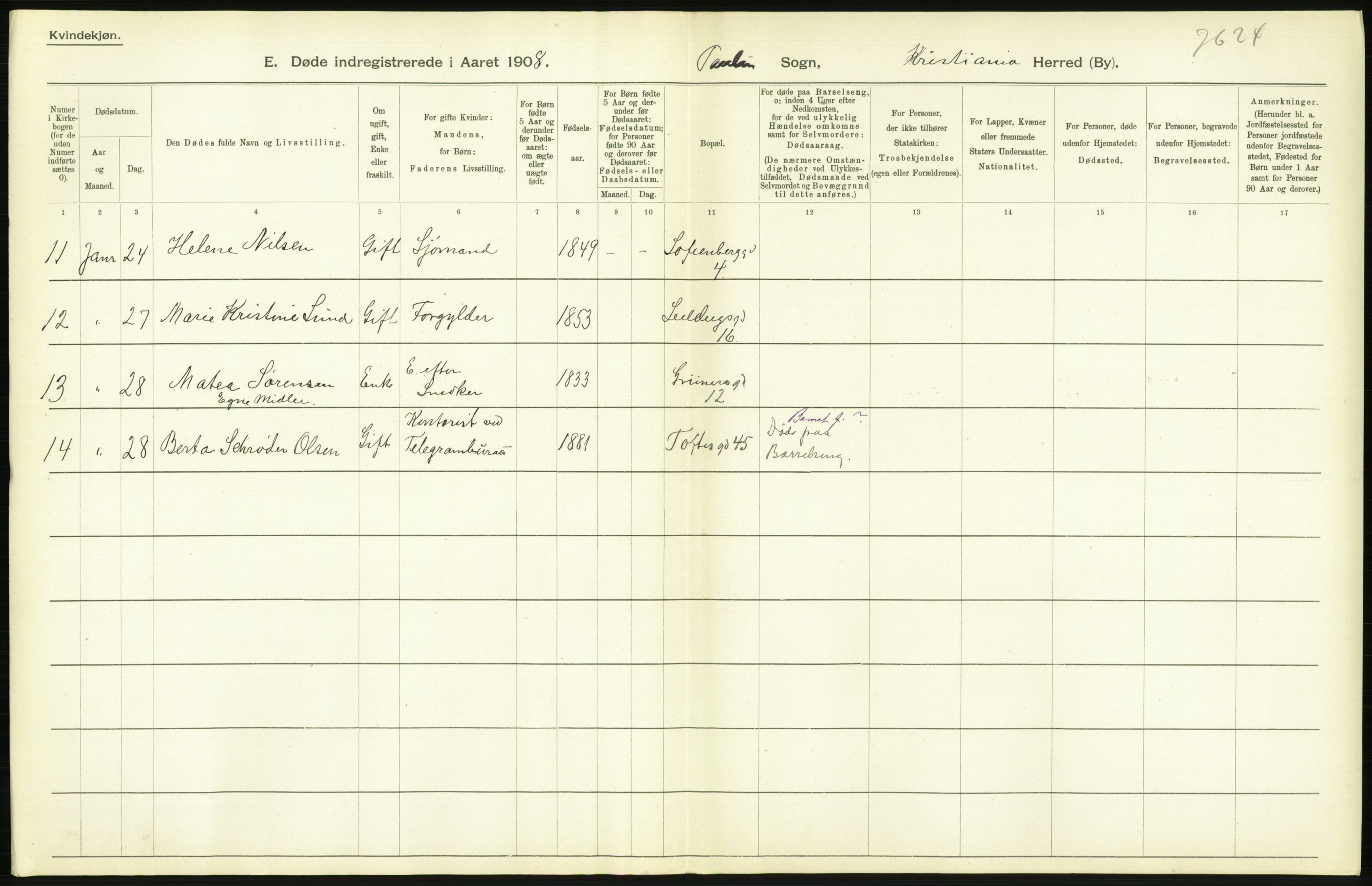 Statistisk sentralbyrå, Sosiodemografiske emner, Befolkning, AV/RA-S-2228/D/Df/Dfa/Dfag/L0010: Kristiania: Døde, dødfødte., 1909, p. 296