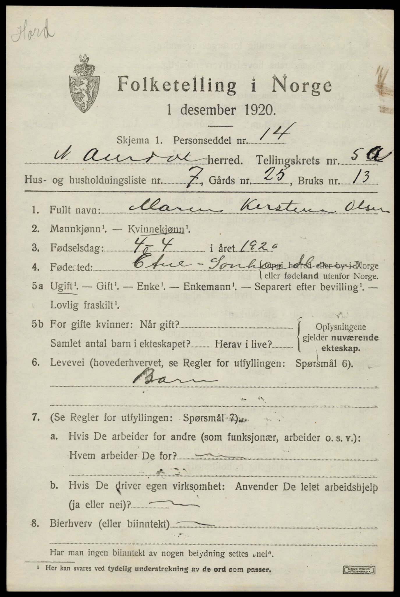 SAH, 1920 census for Nord-Aurdal, 1920, p. 4766